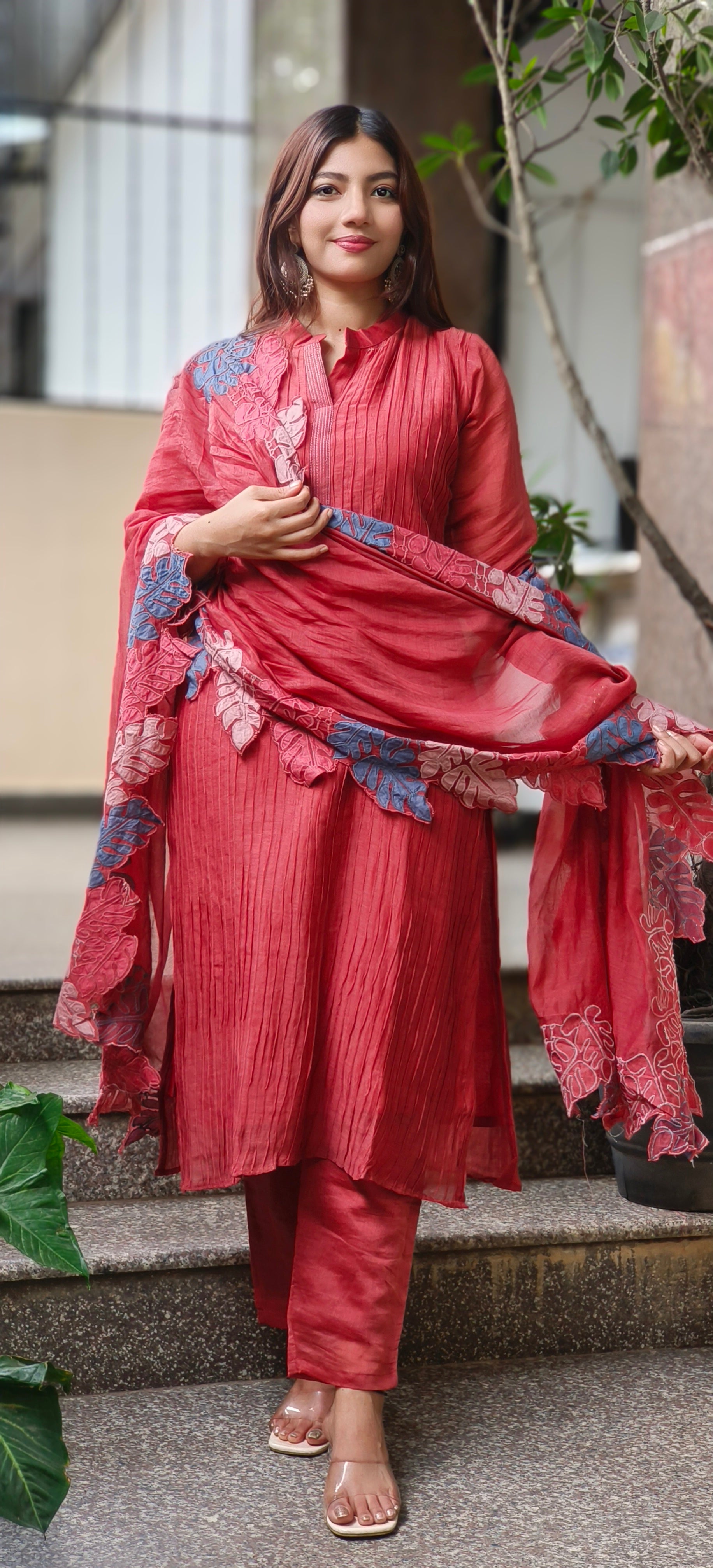 Mulchanderi Straight Kurta Set with Fine Pintuck Detailing and Contrast Leaf Cut Work Dupatta