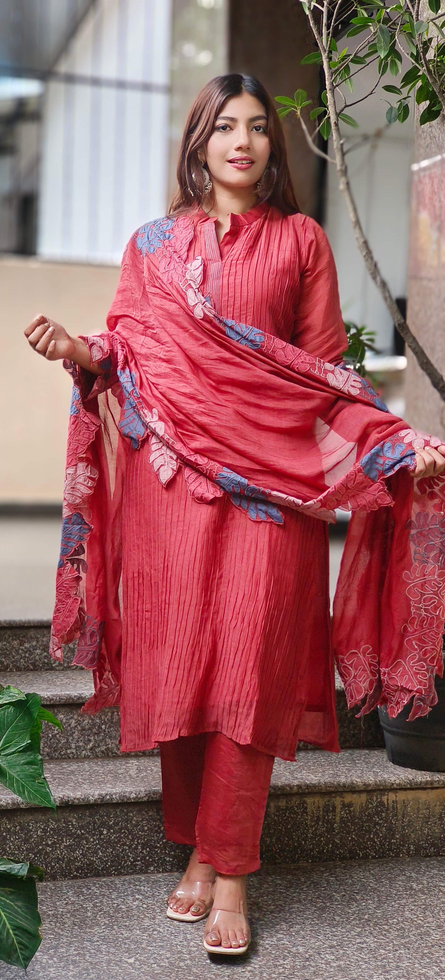 Mulchanderi Straight Kurta Set with Fine Pintuck Detailing and Contrast Leaf Cut Work Dupatta