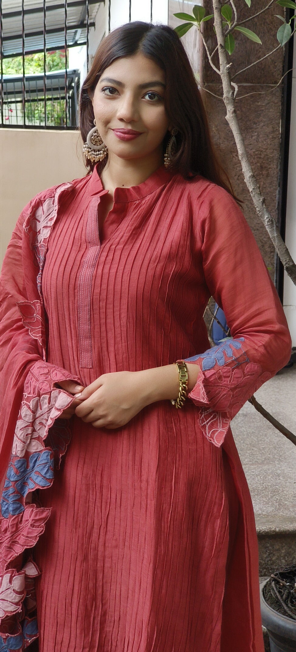 Mulchanderi Straight Kurta Set with Fine Pintuck Detailing and Contrast Leaf Cut Work Dupatta