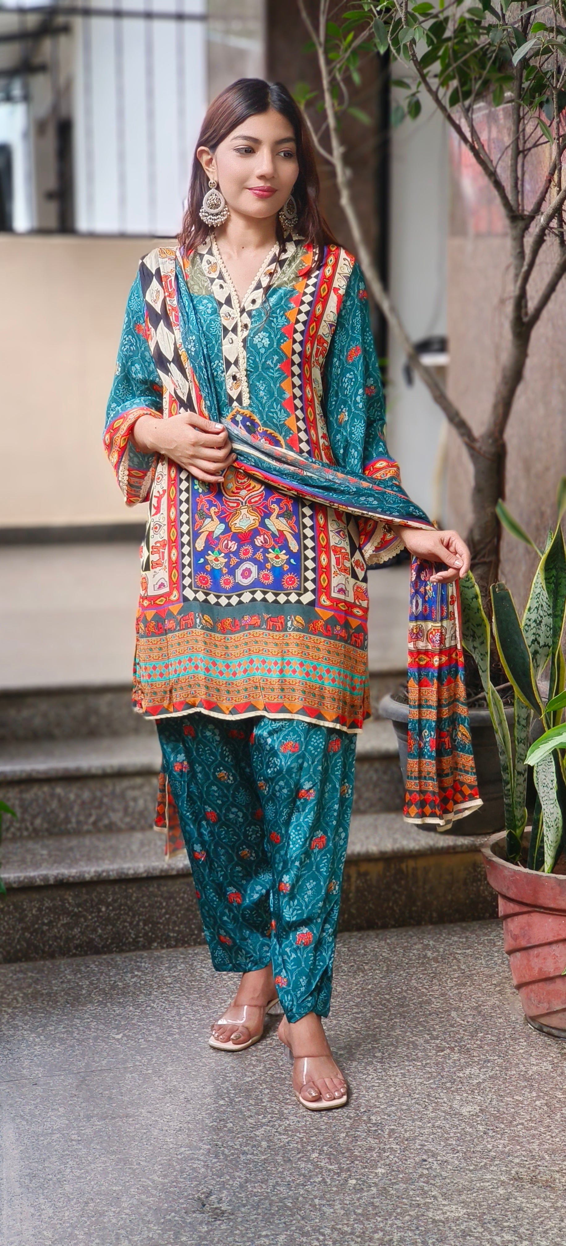 Multicolor Boho-Inspired Printed Crepe Kurta Set with Contrasting Chinon Dupatta