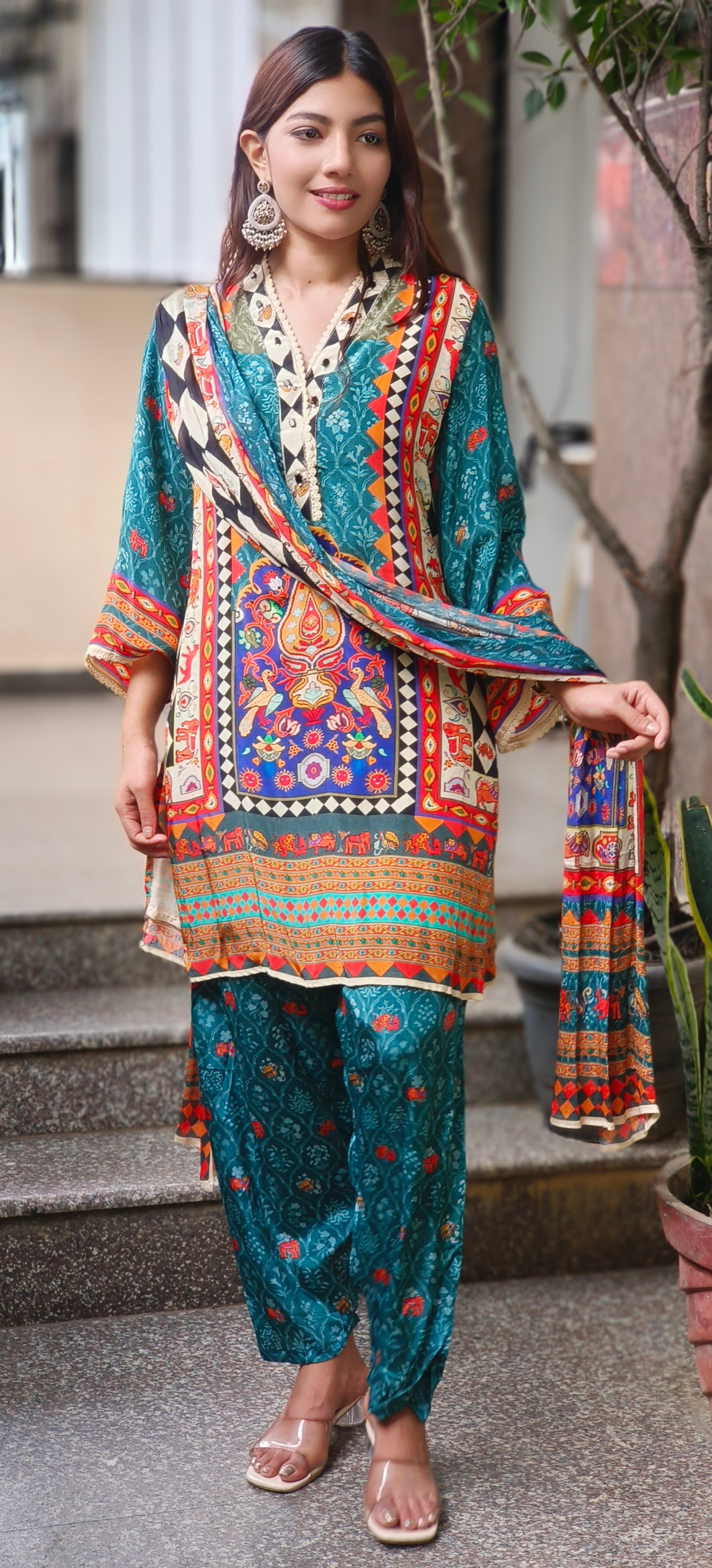 Multicolor Boho-Inspired Printed Crepe Kurta Set with Contrasting Chinon Dupatta