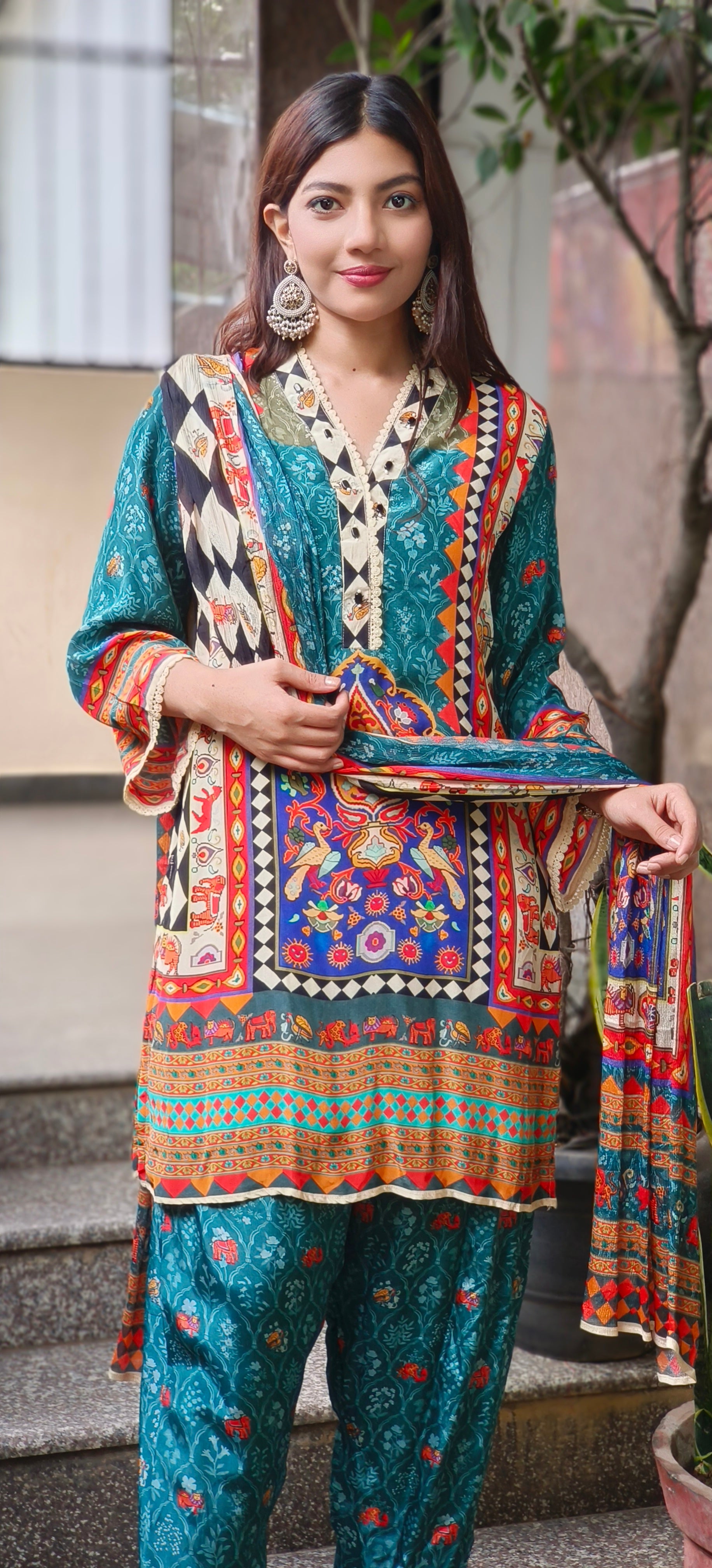 Multicolor Boho-Inspired Printed Crepe Kurta Set with Contrasting Chinon Dupatta