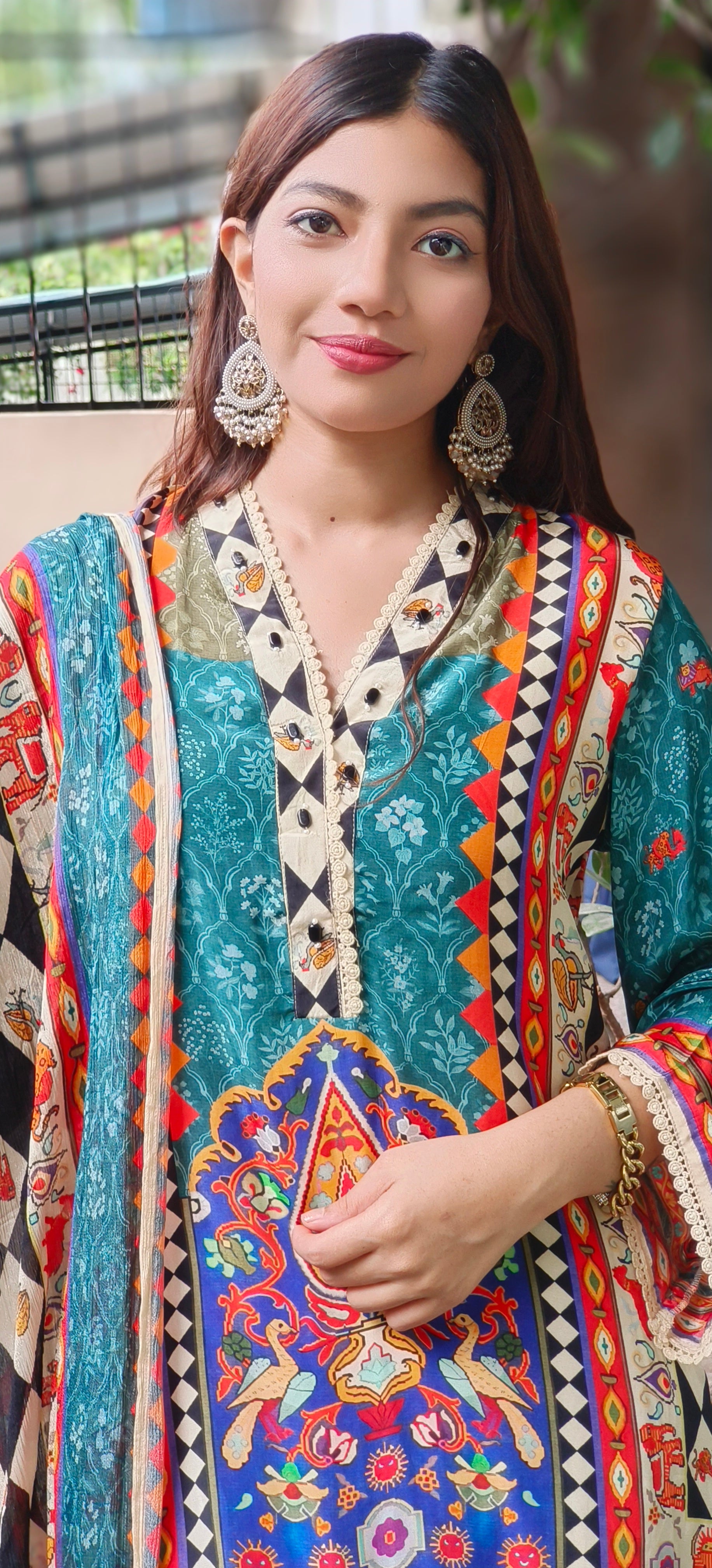 Multicolor Boho-Inspired Printed Crepe Kurta Set with Contrasting Chinon Dupatta