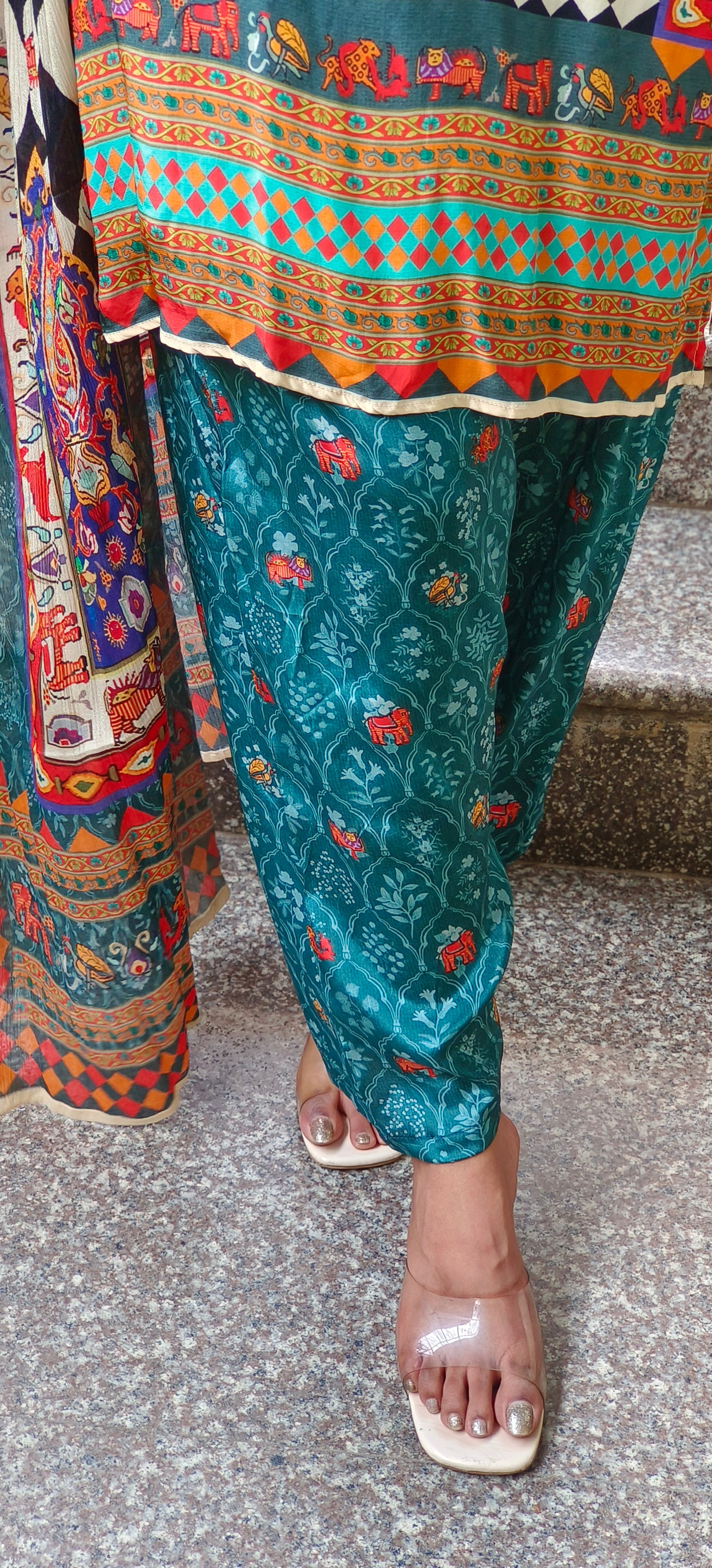 Multicolor Boho-Inspired Printed Crepe Kurta Set with Contrasting Chinon Dupatta