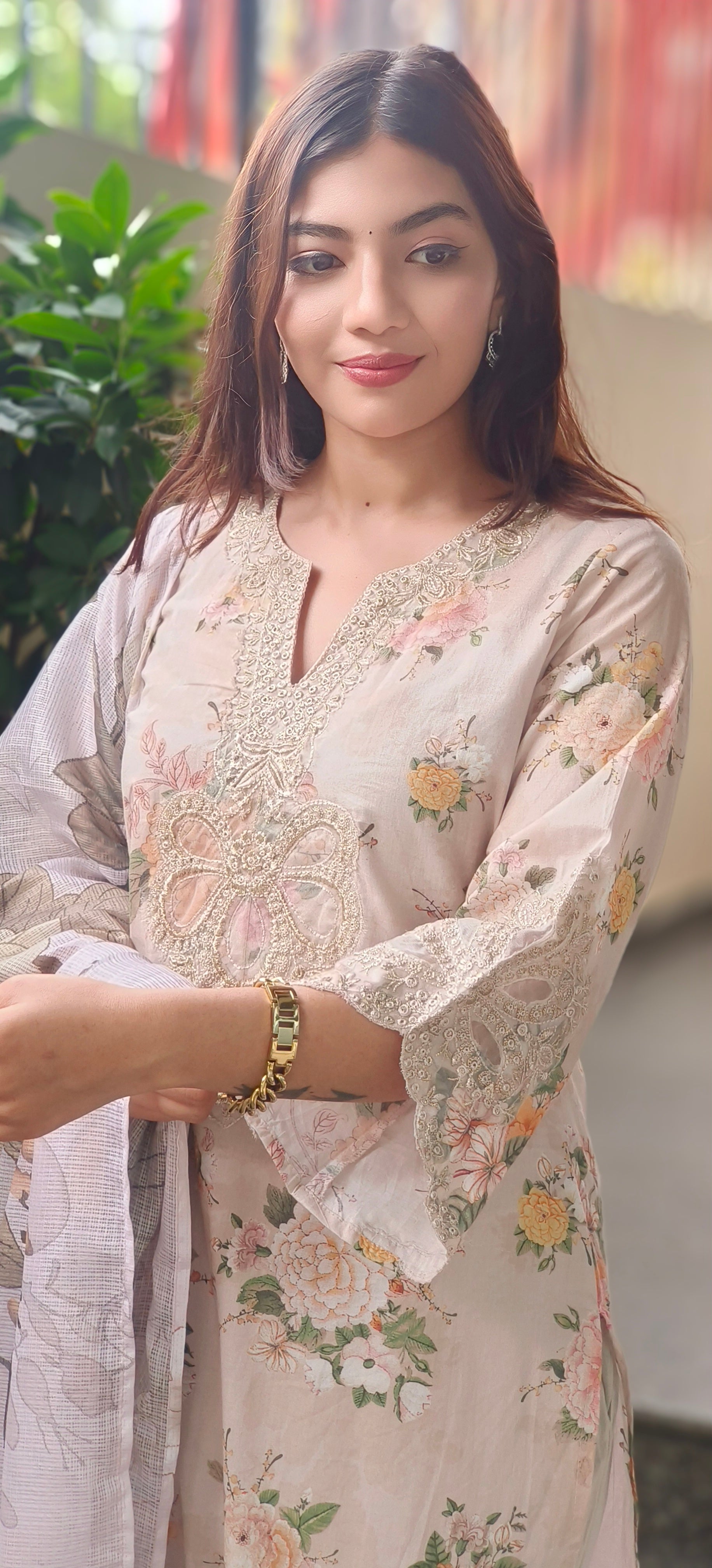 Pastel Floral Cotton Kurta Sets with Embroidered Neck, Organza Sleeve Patches & Matching Kora Checks Cotton Dupatta