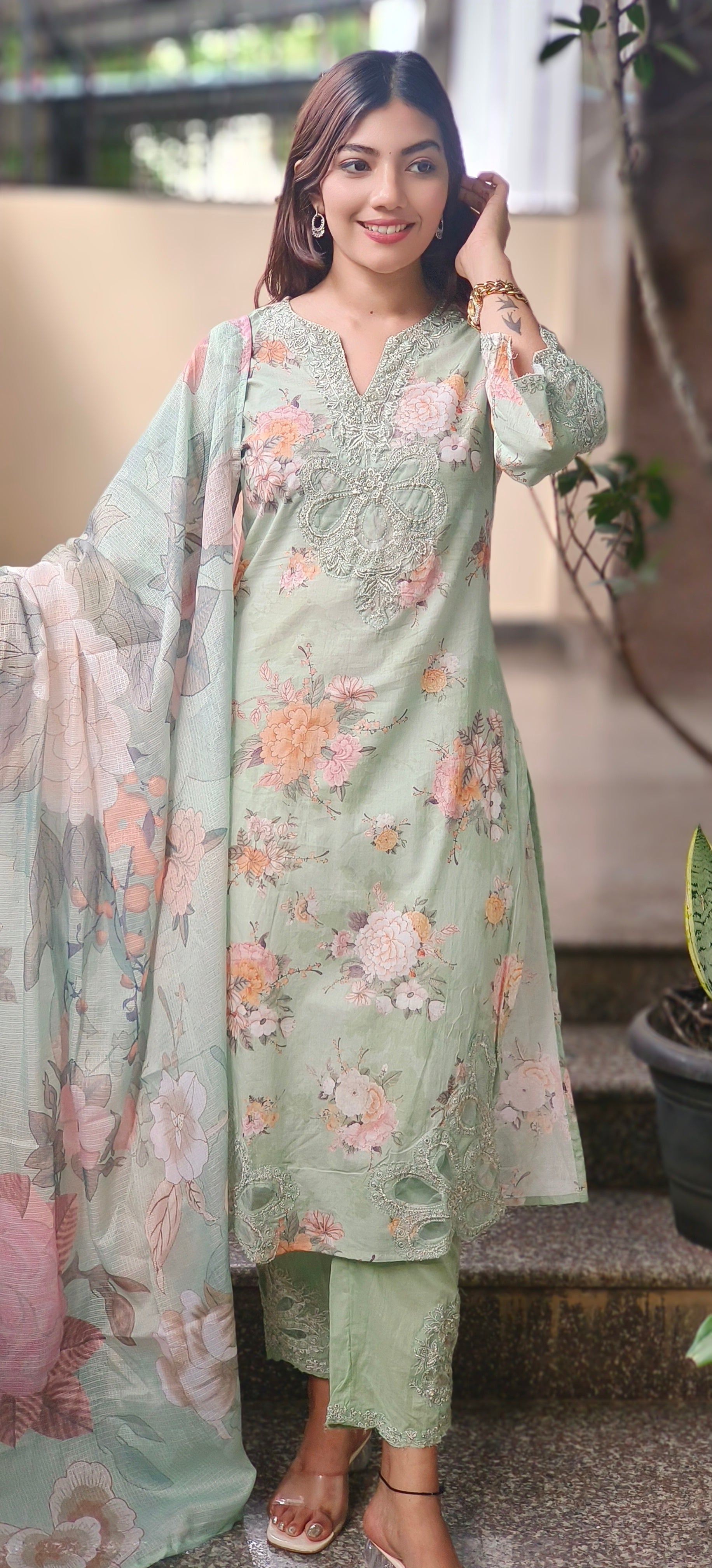 Pastel Floral Cotton Kurta Sets with Embroidered Neck, Organza Sleeve Patches & Matching Kora Checks Cotton Dupatta