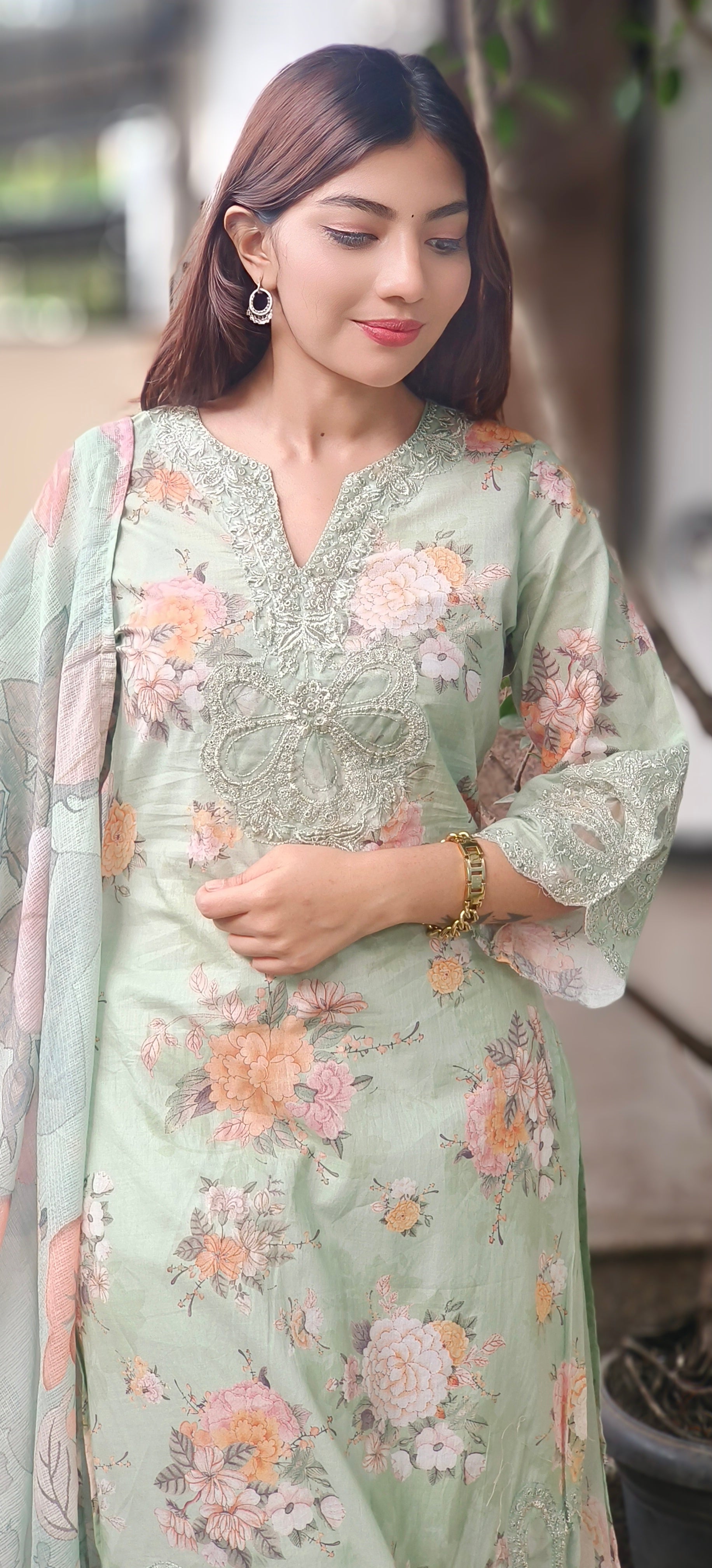 Pastel Floral Cotton Kurta Sets with Embroidered Neck, Organza Sleeve Patches & Matching Kora Checks Cotton Dupatta