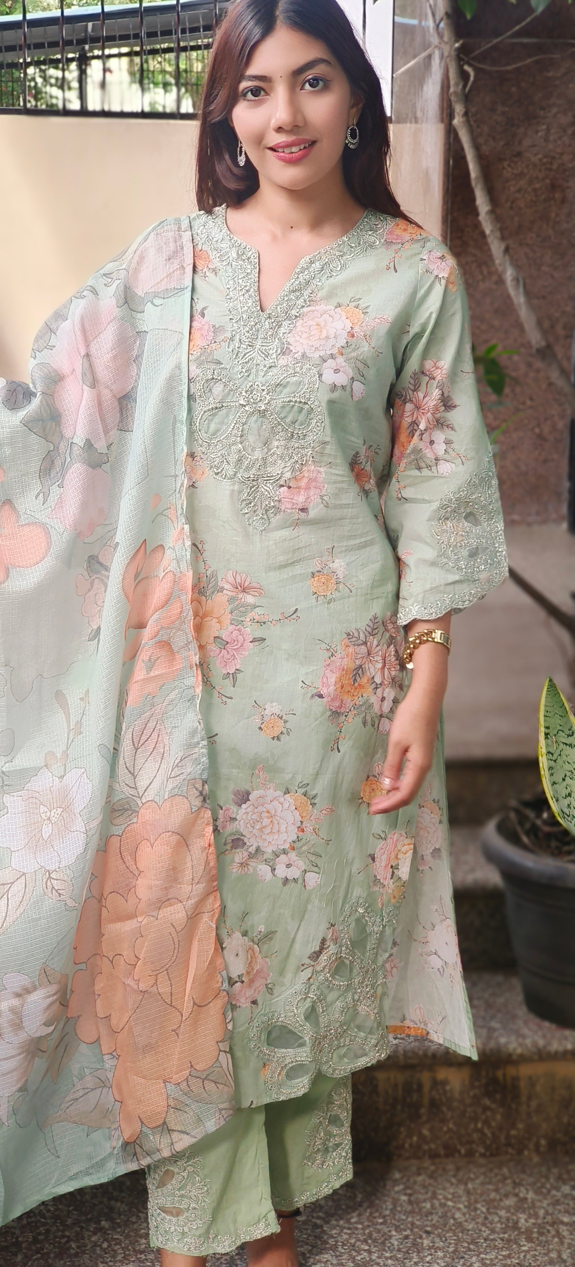 Pastel Floral Cotton Kurta Sets with Embroidered Neck, Organza Sleeve Patches & Matching Kora Checks Cotton Dupatta