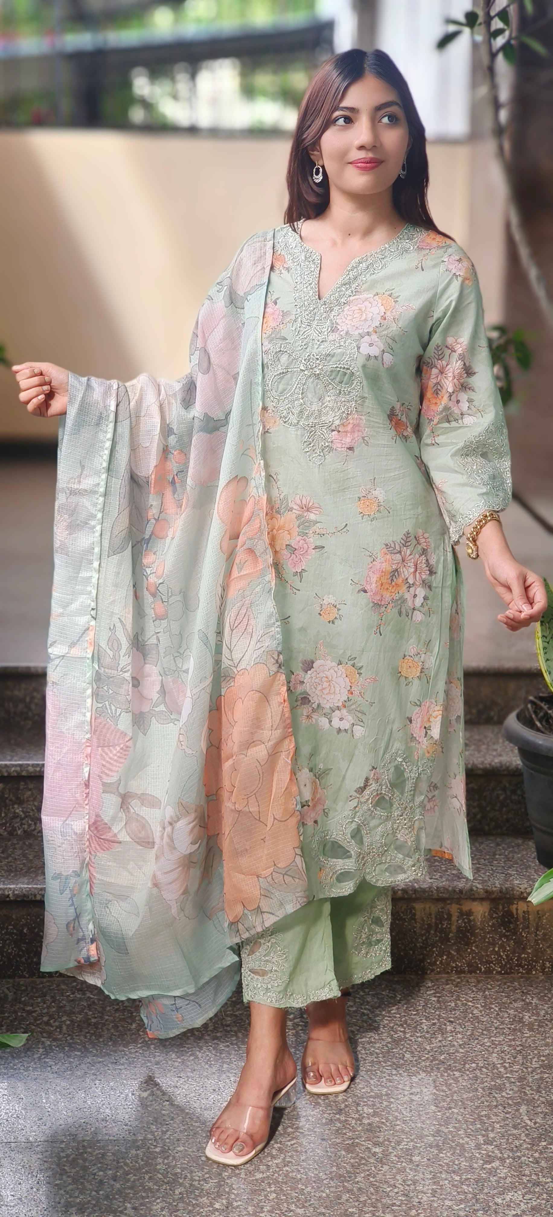 Pastel Floral Cotton Kurta Sets with Embroidered Neck, Organza Sleeve Patches & Matching Kora Checks Cotton Dupatta