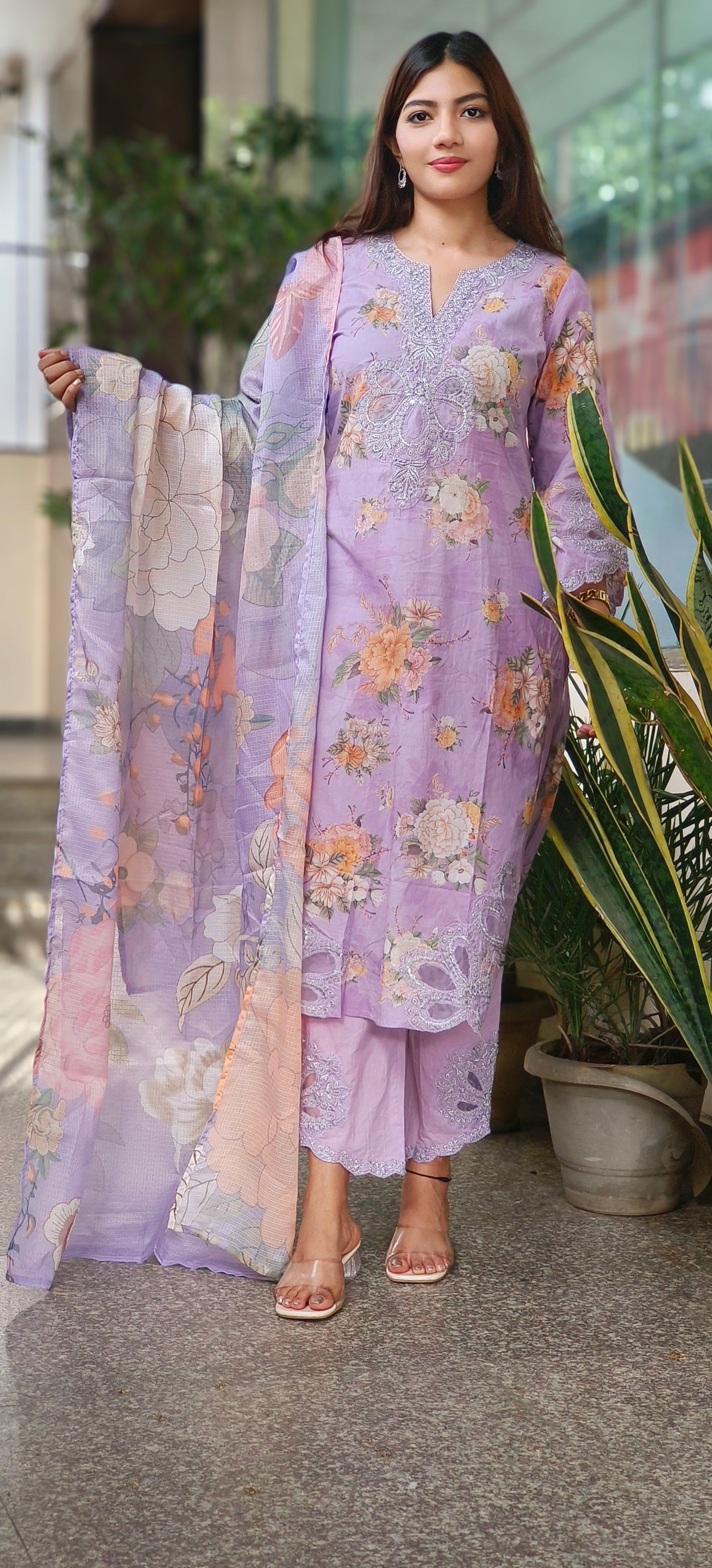 Pastel Floral Cotton Kurta Sets with Embroidered Neck, Organza Sleeve Patches & Matching Kora Checks Cotton Dupatta
