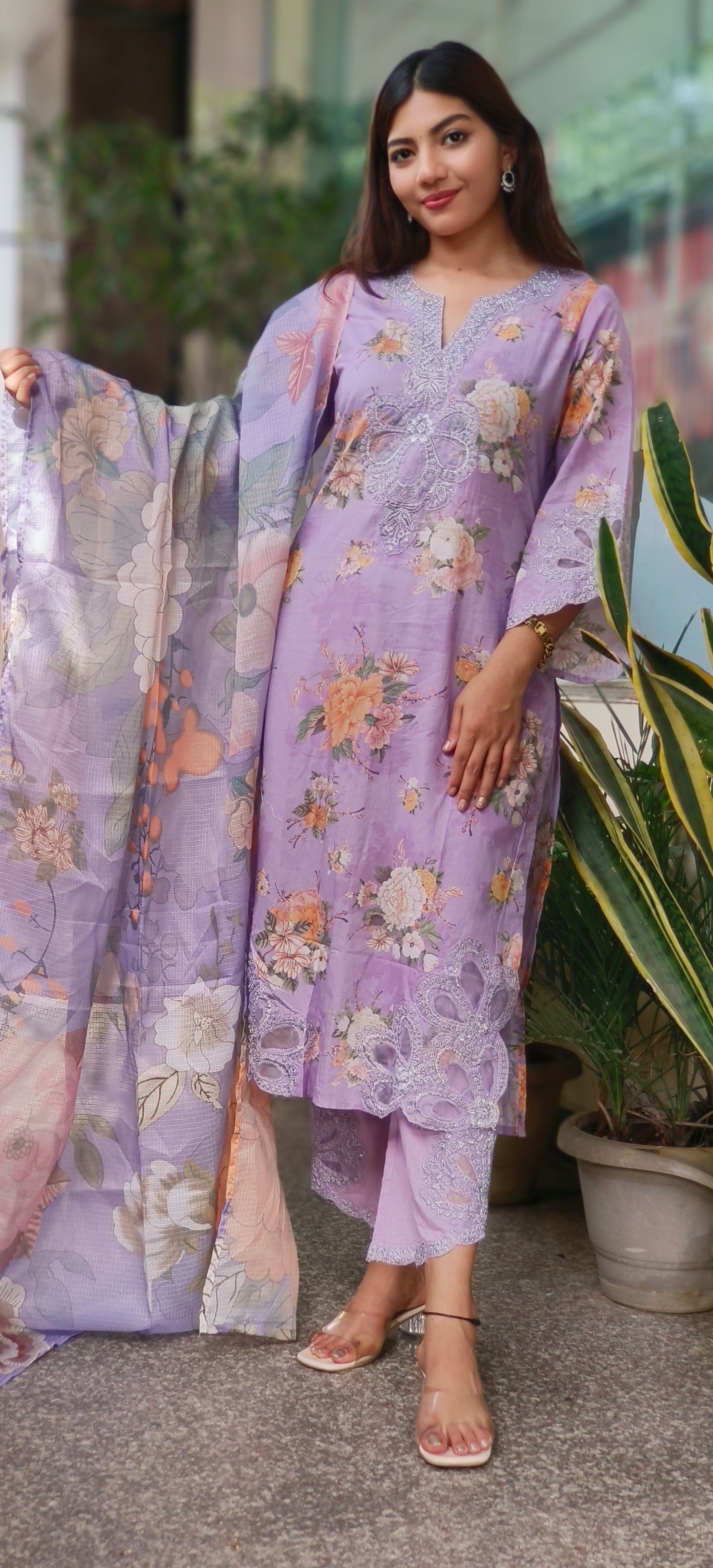 Pastel Floral Cotton Kurta Sets with Embroidered Neck, Organza Sleeve Patches & Matching Kora Checks Cotton Dupatta