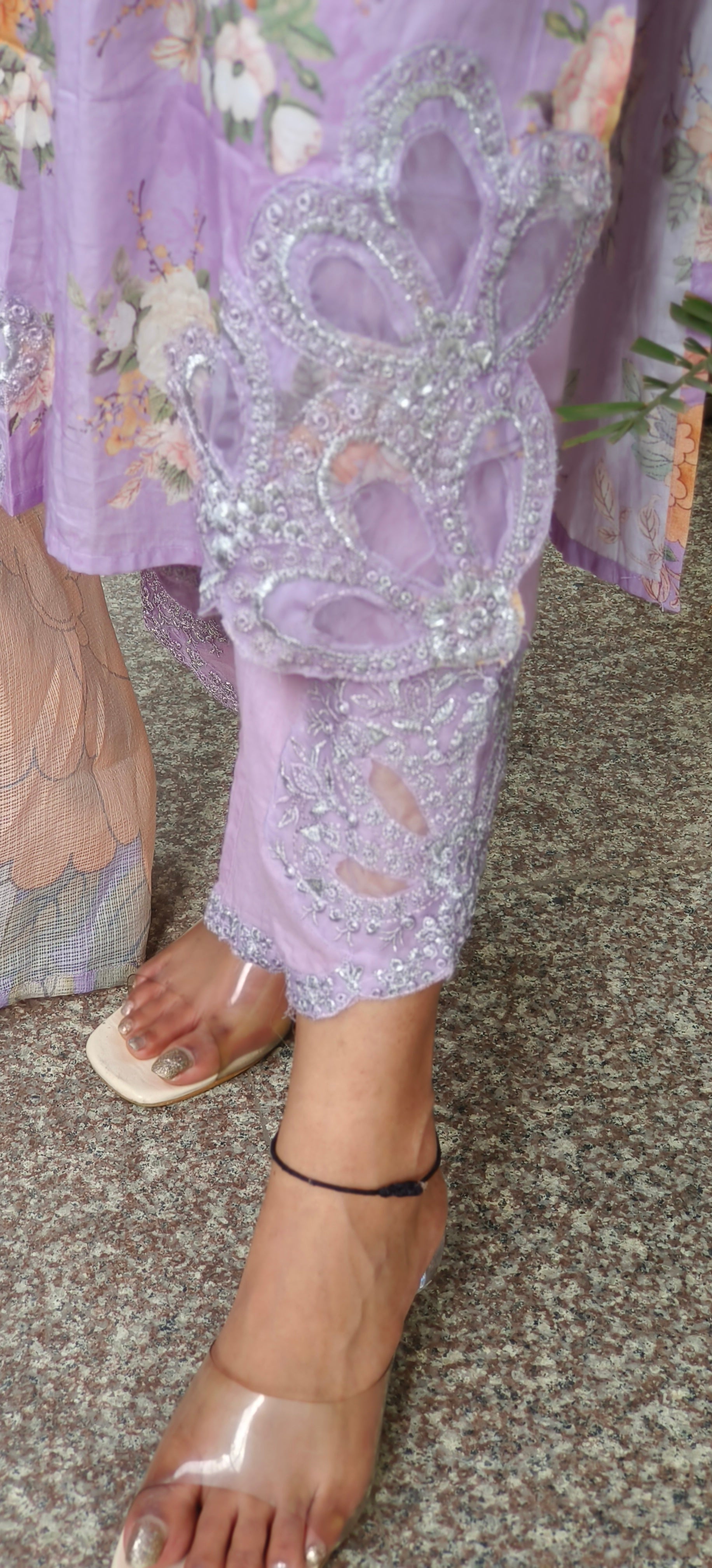 Pastel Floral Cotton Kurta Sets with Embroidered Neck, Organza Sleeve Patches & Matching Kora Checks Cotton Dupatta