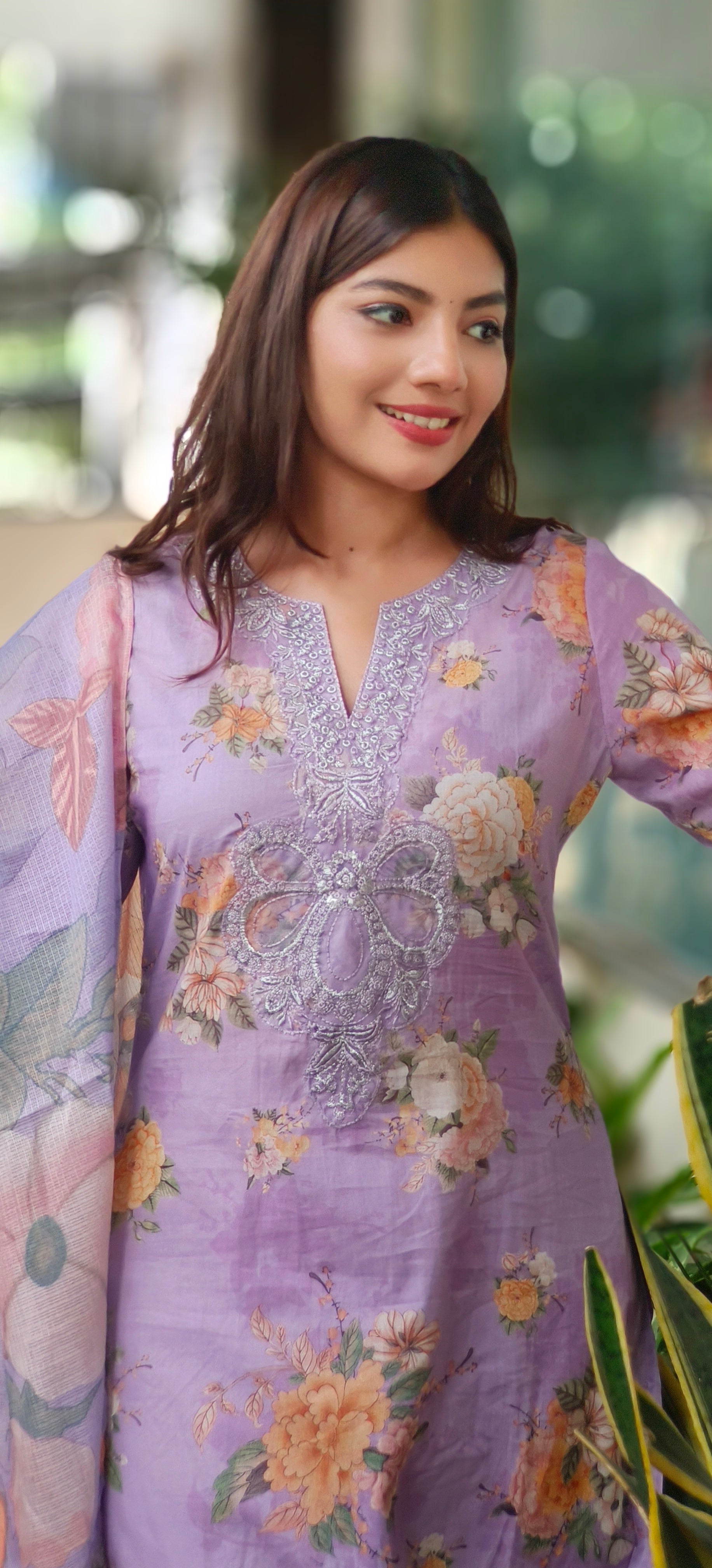 Pastel Floral Cotton Kurta Sets with Embroidered Neck, Organza Sleeve Patches & Matching Kora Checks Cotton Dupatta