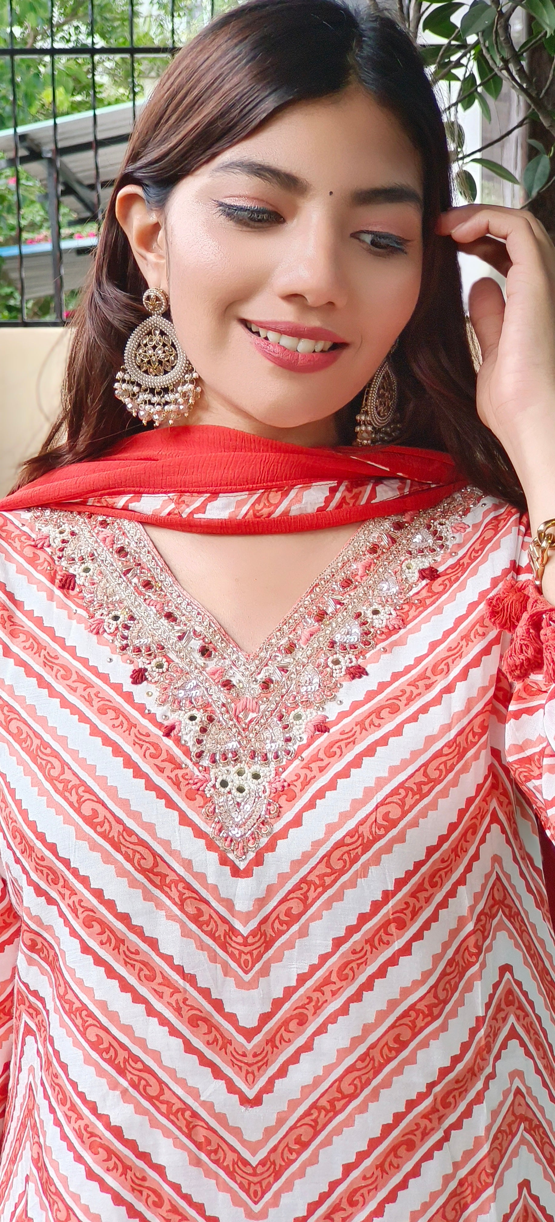Elegant Lehriya Muslin Hi low Style Kurta Full Set with Handwork Detailing Tassel Accents