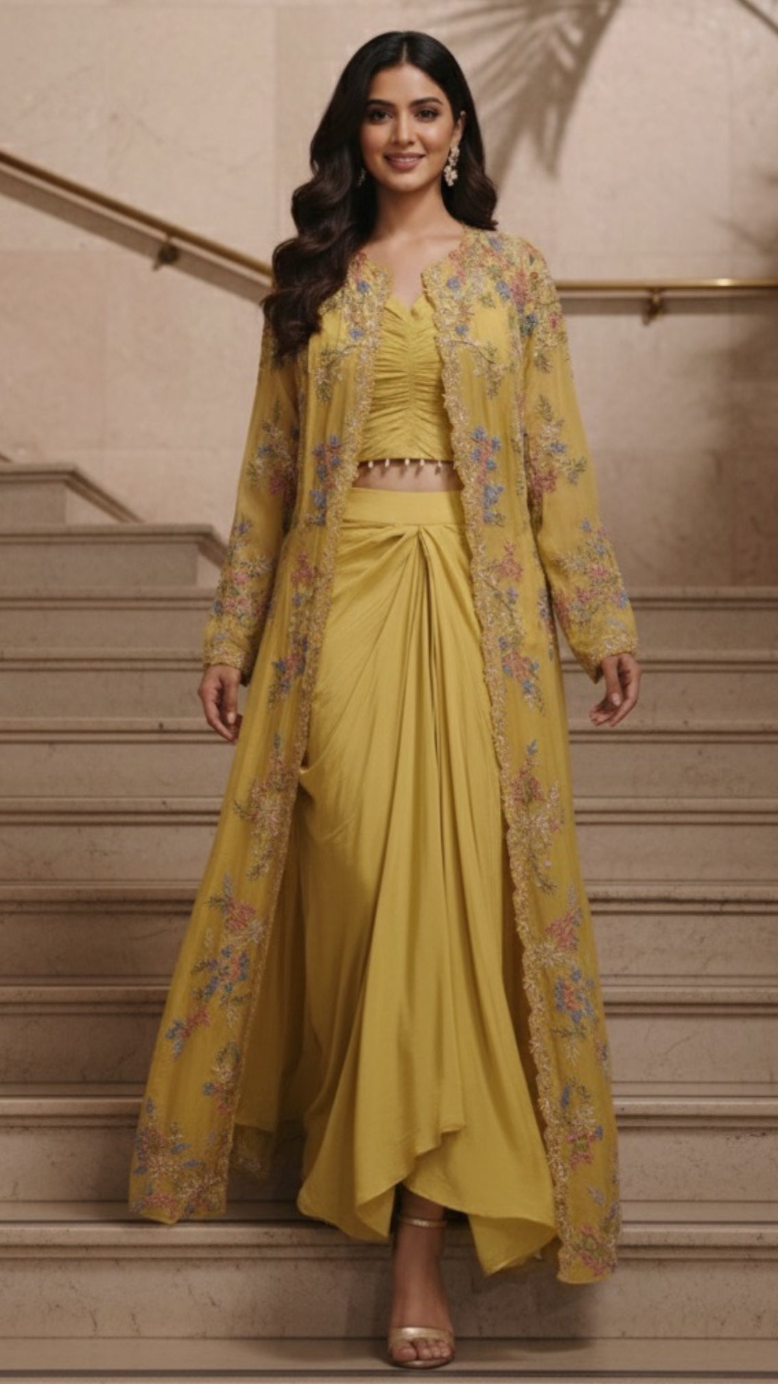 Elegant Floral Thread Embroidered Transparent Cape With Stylish Buster & Drape Skirt- 11735