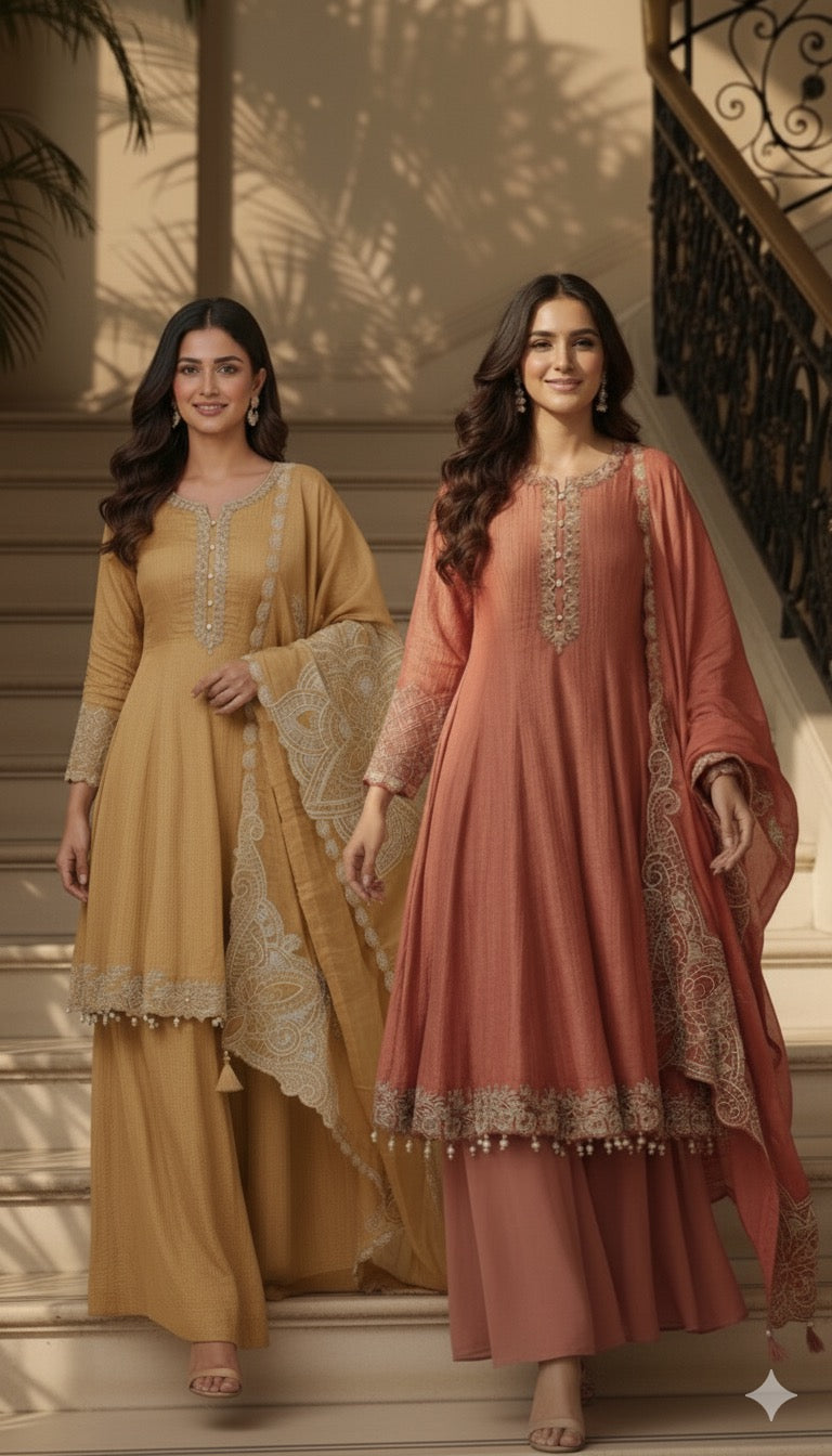 Very Elegant Handwork Neck Line & Bordered With Round Pearl Tassel Shimmery Anarkali Full Suit Set With Heavy Dupatta & Loose Bottom- 11745