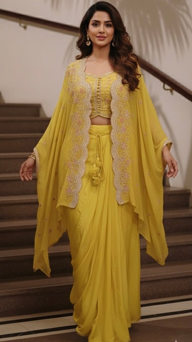 Heavy Handwork Beautiful Cut Work Bordered Shrug With Padded Crop Top & Drape Skirt- 11743