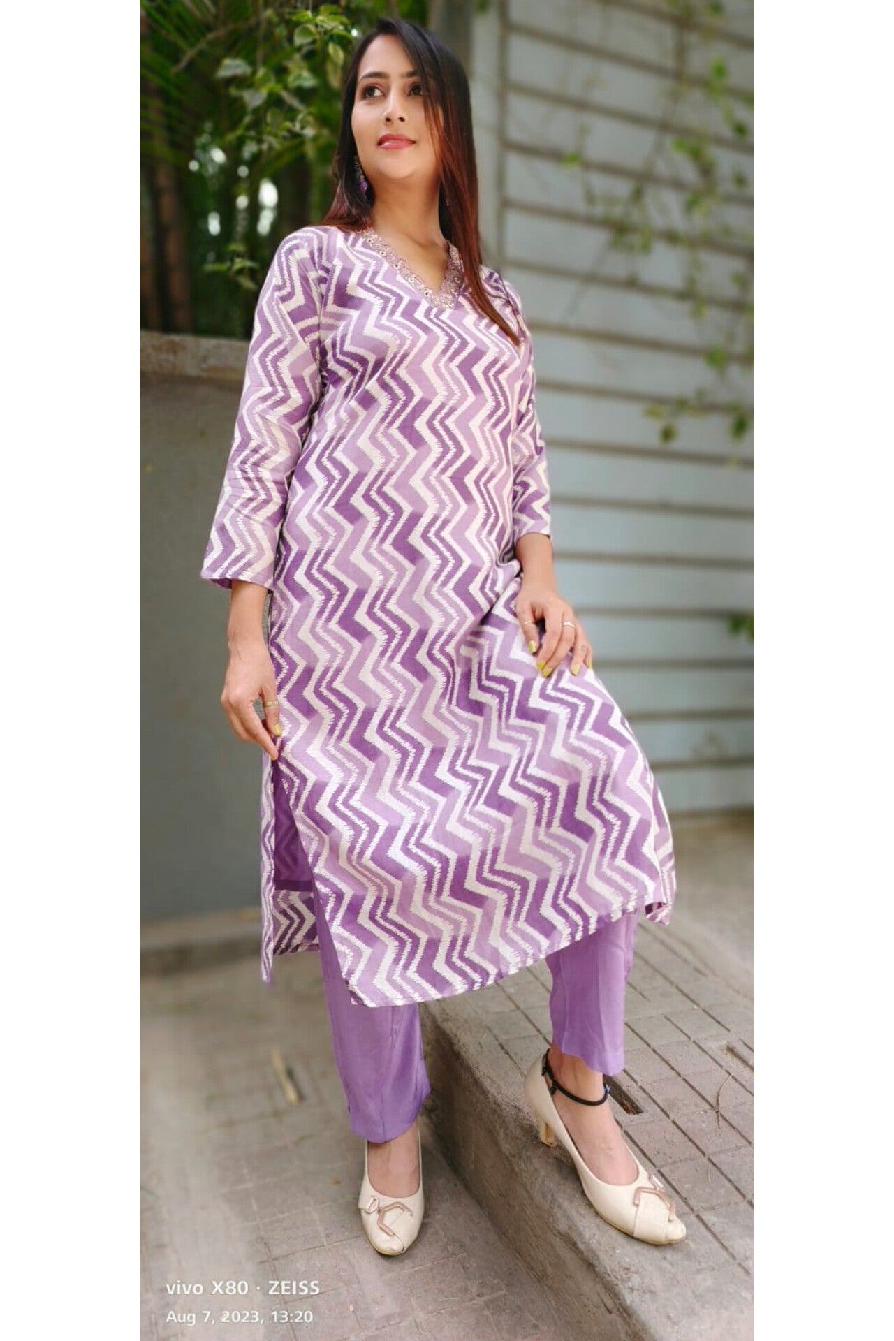 Stylish V-neck Lehriya muslin embroidery kurta with pant (Set of 2){KURTA-MAI-02156}