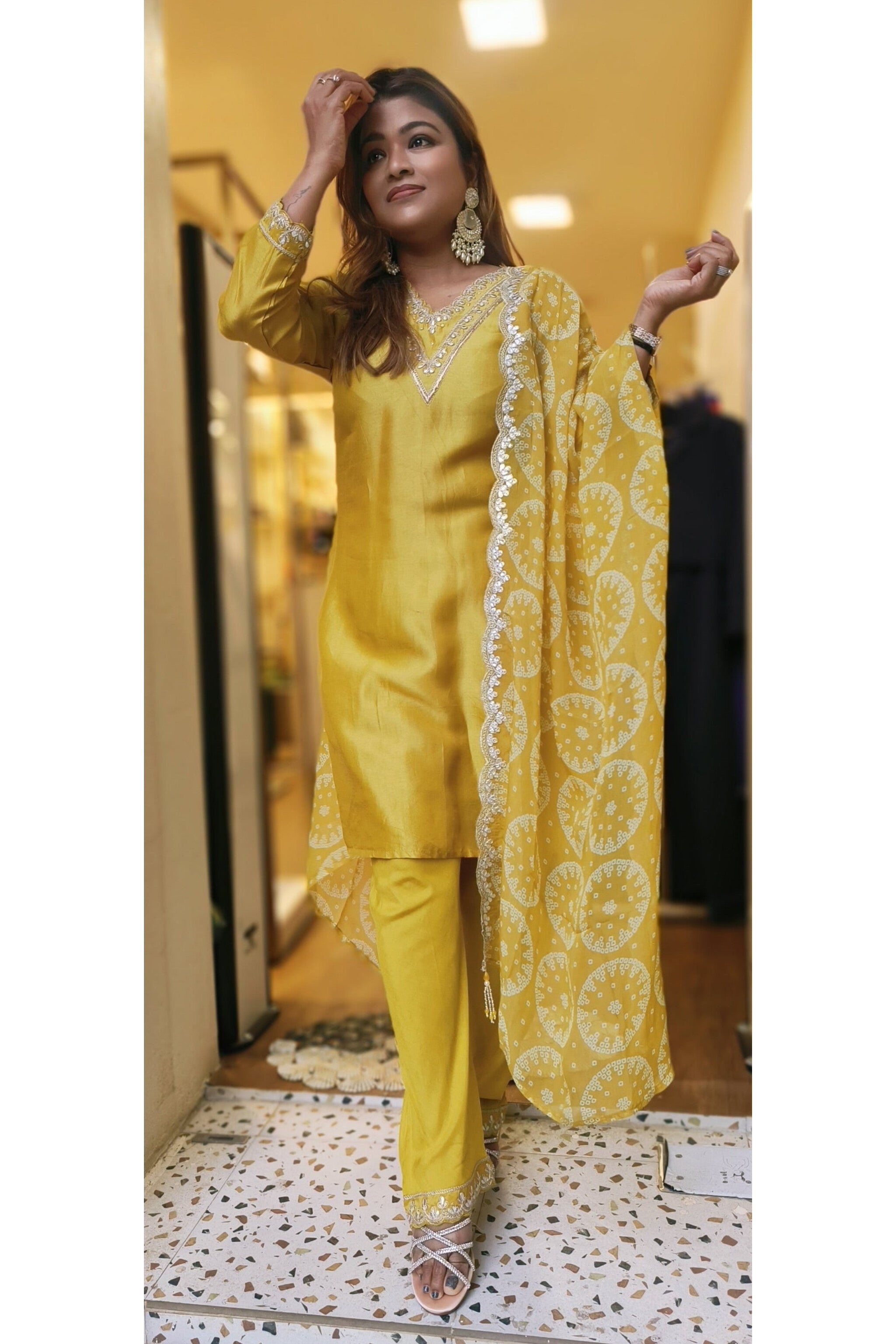 Silk zardozi thread embroidered kurta with pant and embroidery dupatta set of 3 {FULLSUIT-MAI-02358}