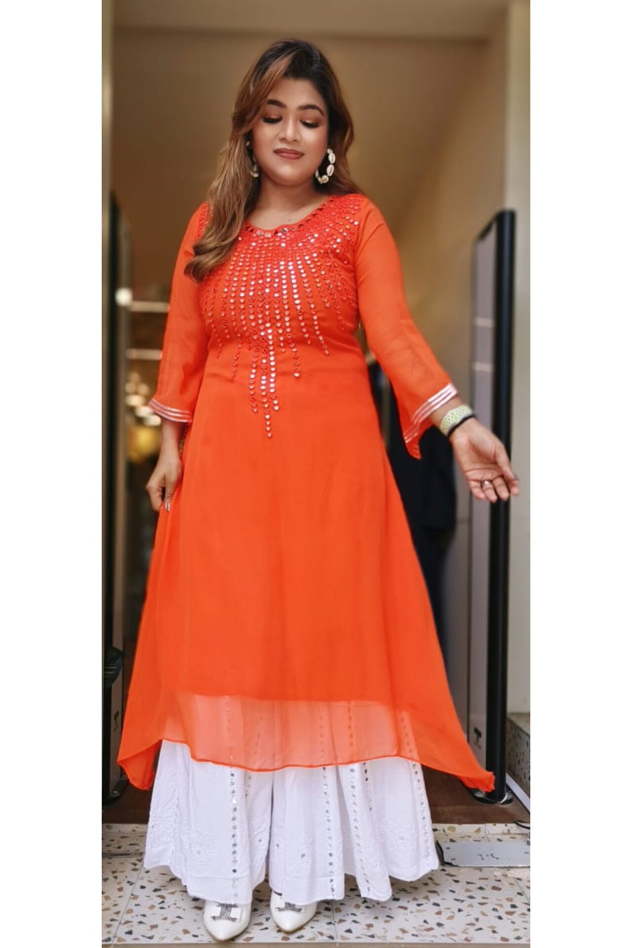 Beautiful real mirror embroidery Georgette flare sleeves only A line kurta with lining DRYWASH Dispatching after 20days