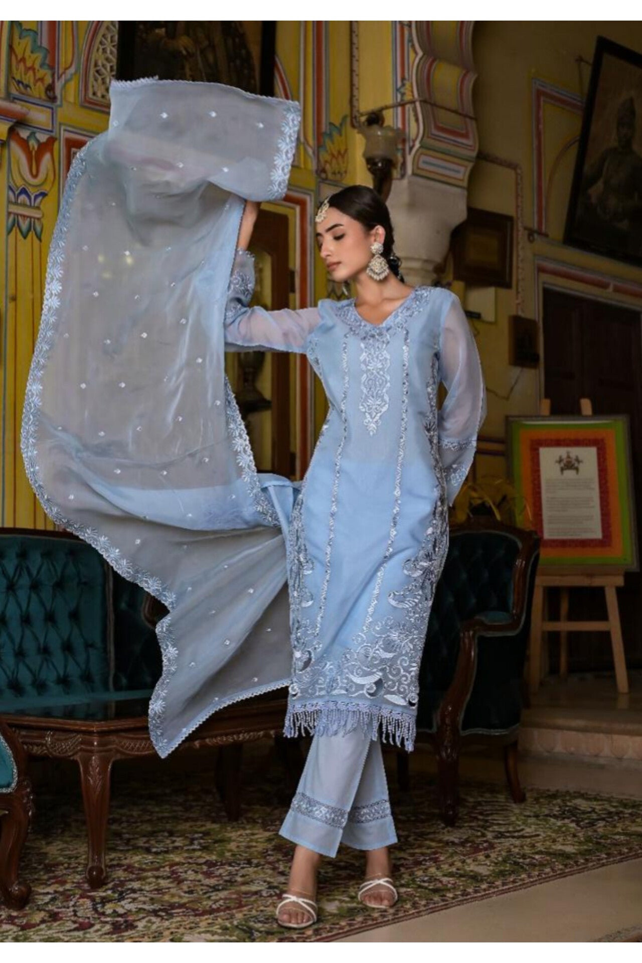Pakistani Style Organza  suit thread embroidery  kurta with pant and Organza dupatta DRYWASHONLY with lining