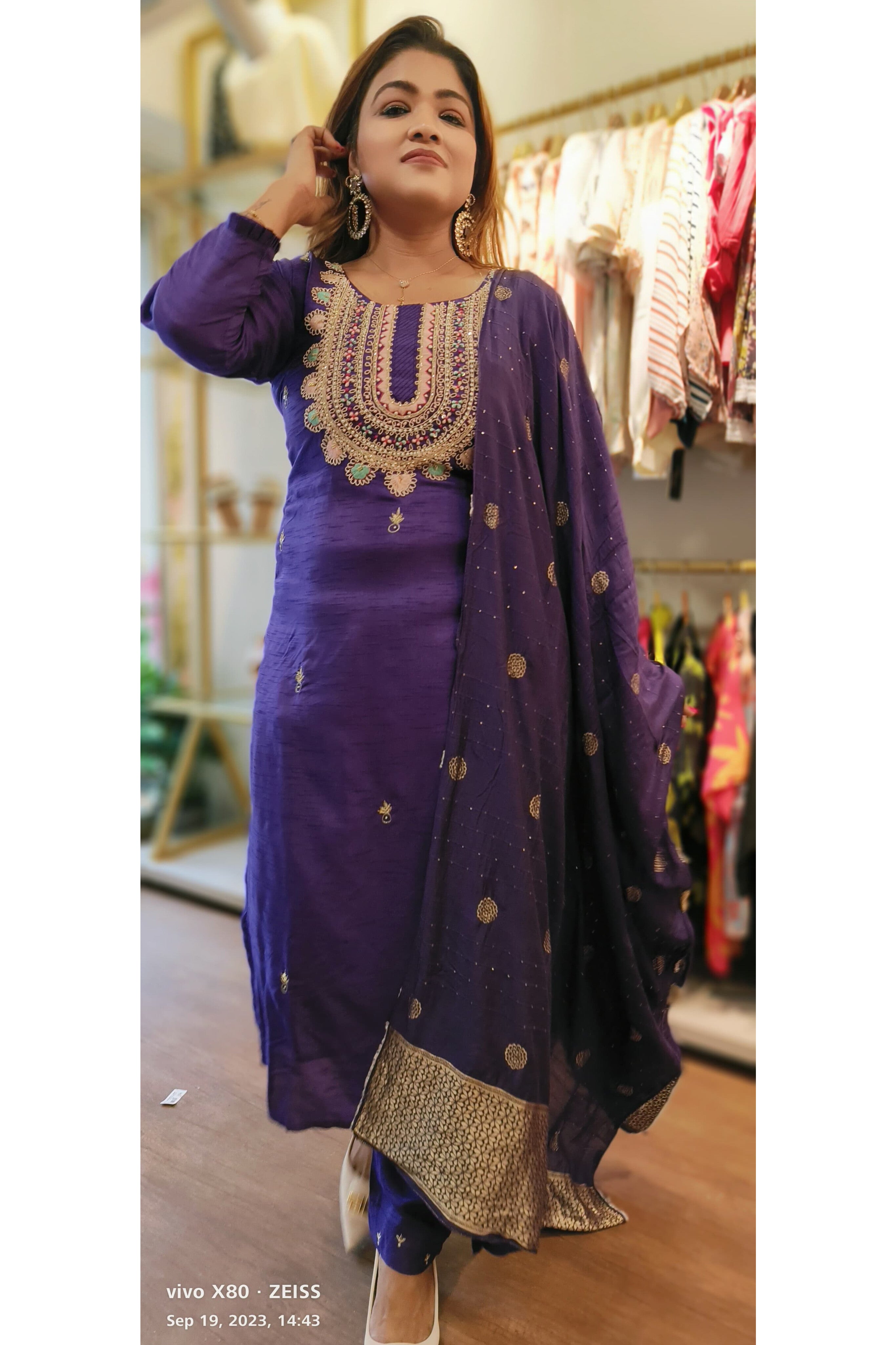Silk beautiful yoke embroidered kurta with pant and  dupatta  (02619}