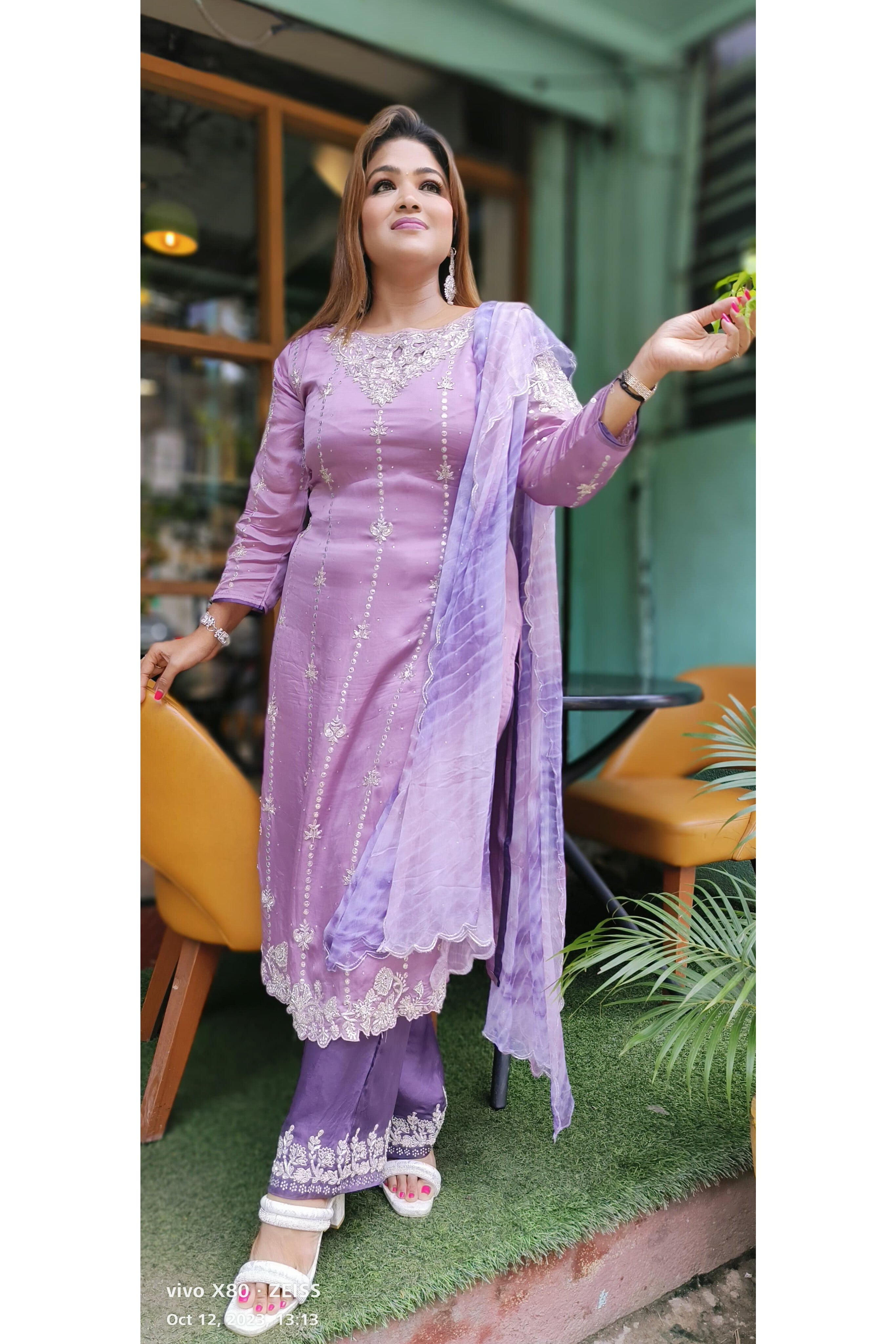 Party wear hand embroidery Straight cut Kurta with embroidered palazzo and lehriya dupatta DRY WASH-02945