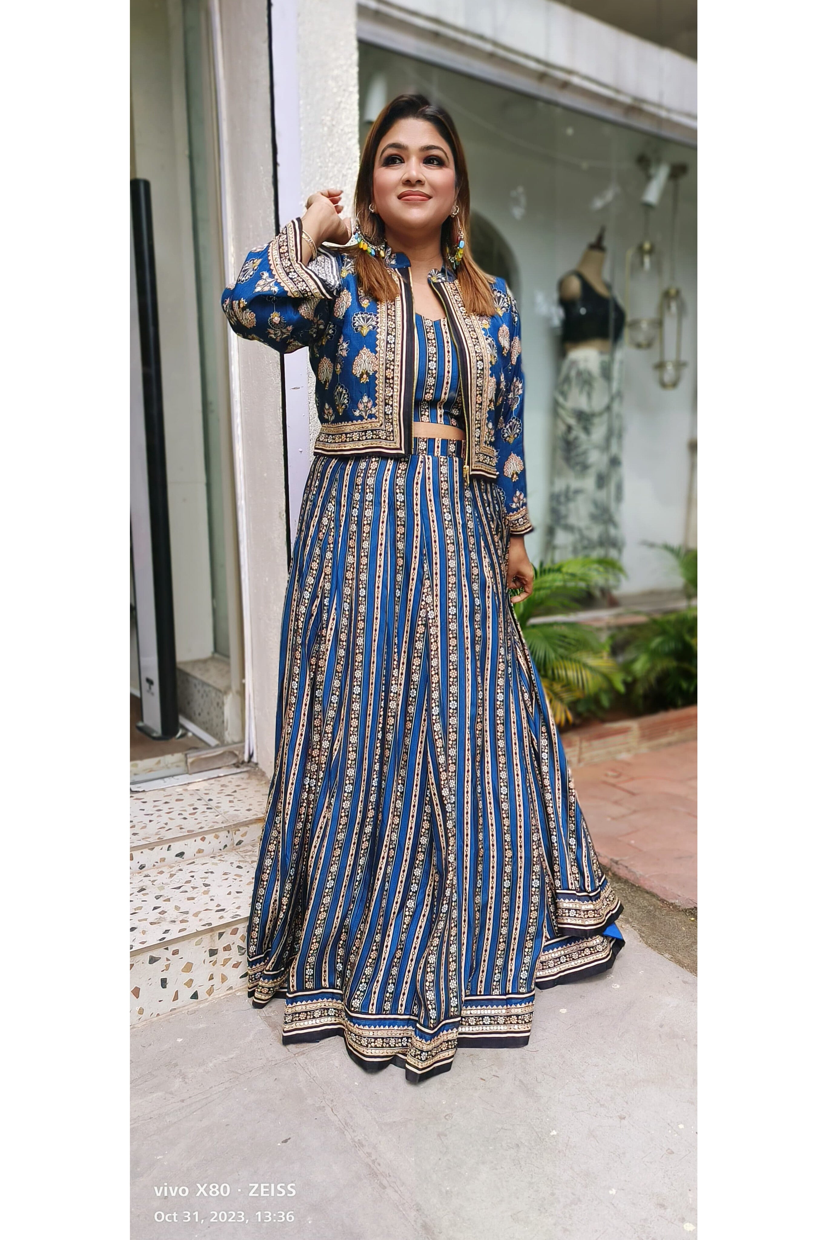 Beautiful silk embroidered jacket Party wear indo-western outfit with crop top and skirt DRY WASH {03043}