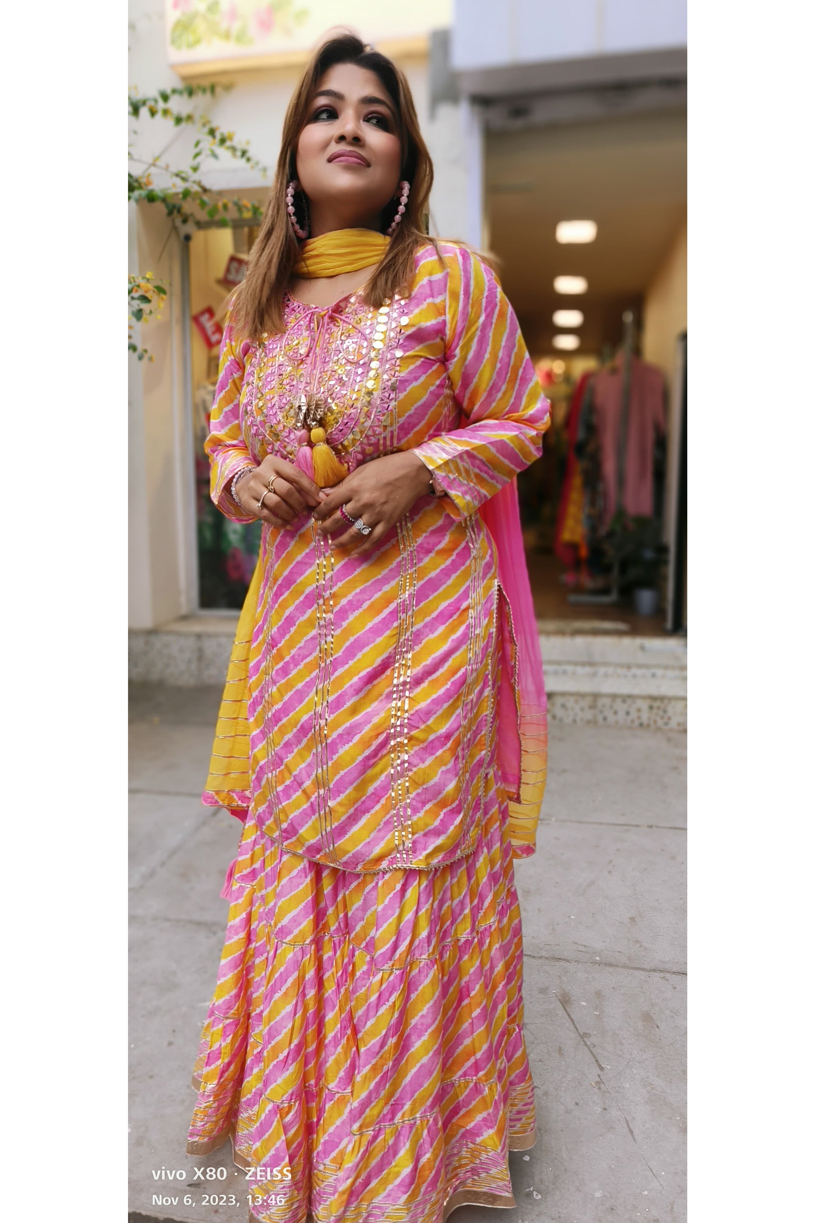 Gotta work  Beautiful pink yellow lehriya muslin sharara set with chiffon dupatta DRY WASH-03144]