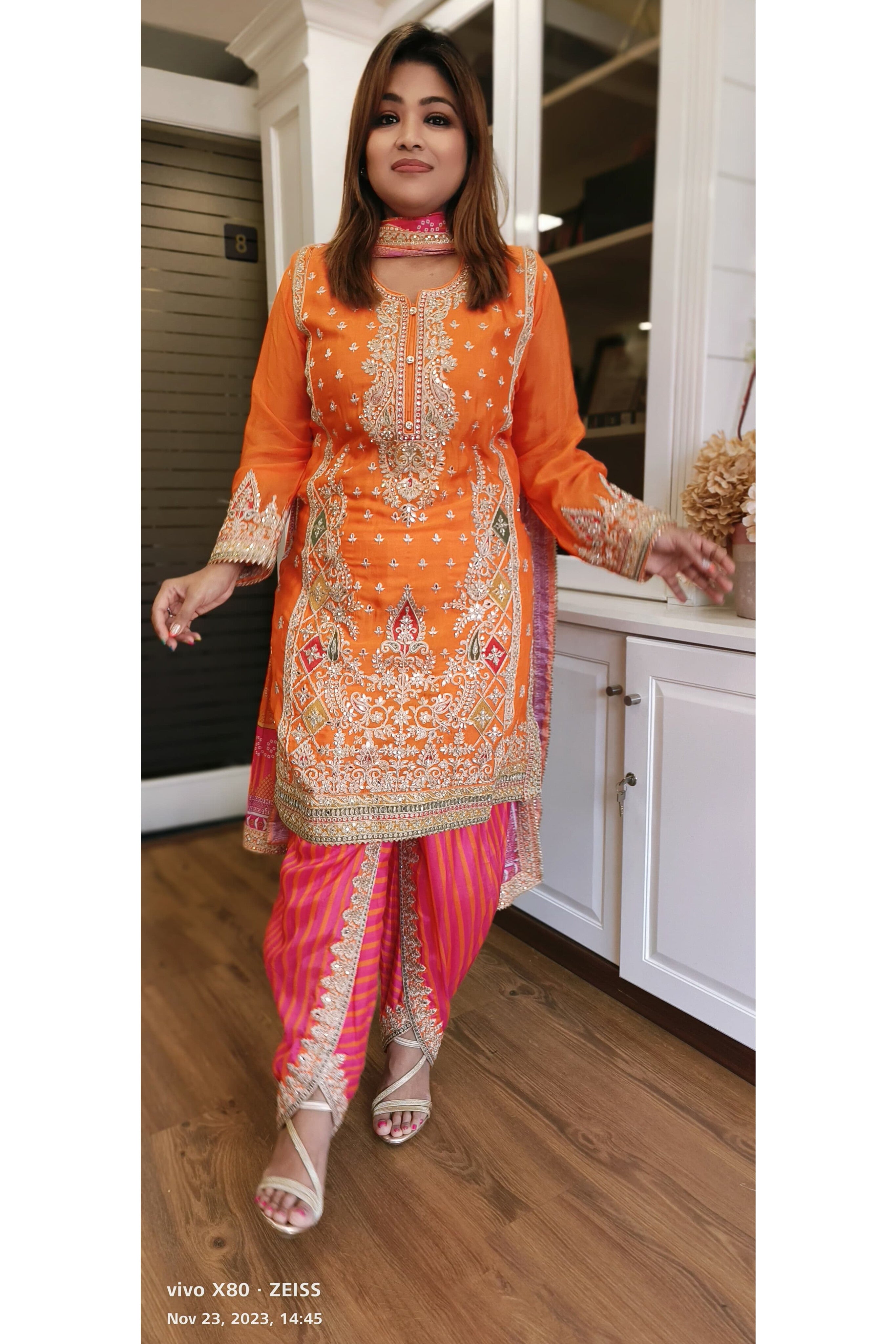 Party wear  Designer heavy  full embroidered kurta set with lehriya tulip pants and  bandani dupatta DRY WASH- 03564)