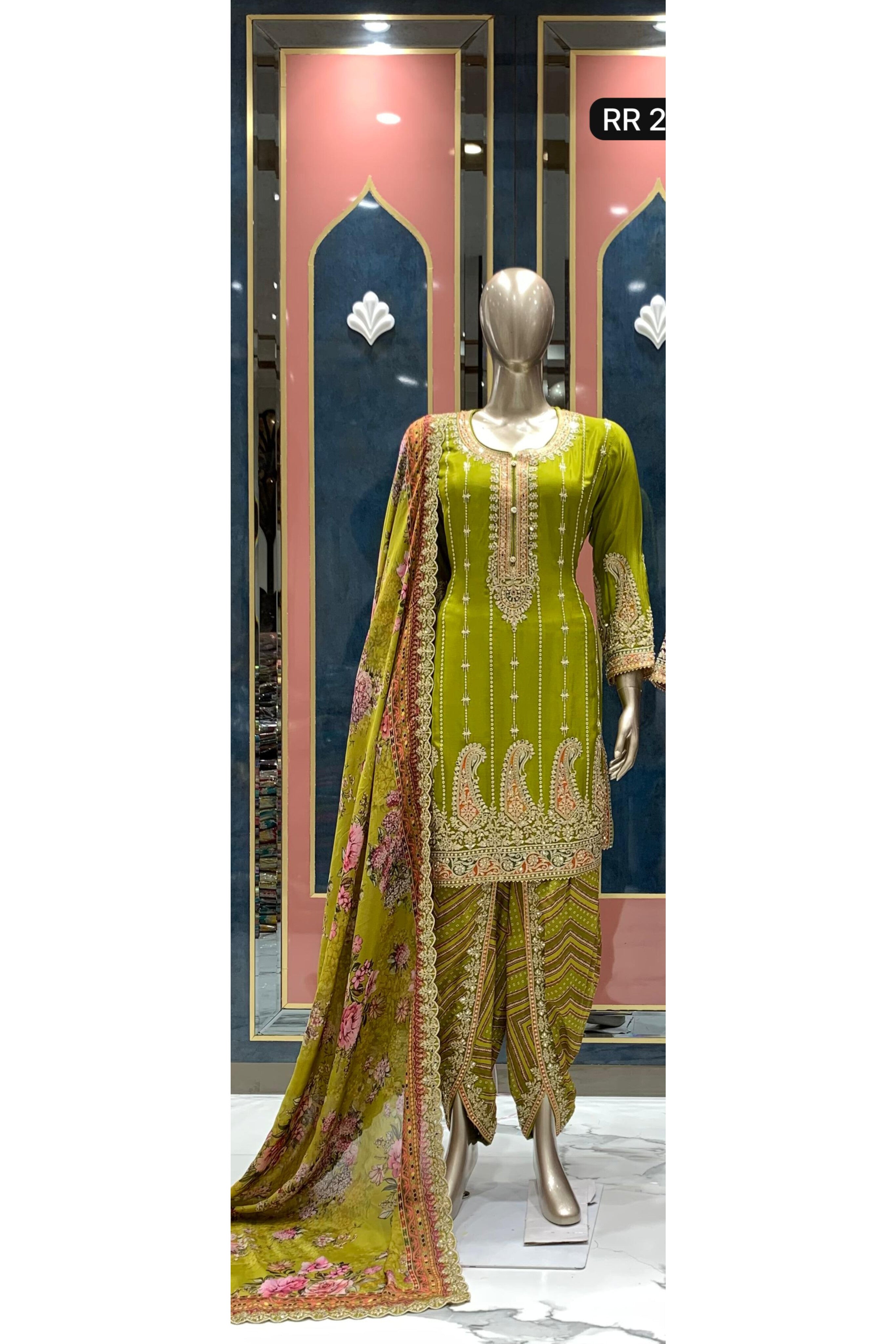 Beautiful Designer heavy party wear full embroidered kurta set with tulip pants and floral dupatta DRY WASH- 03560)