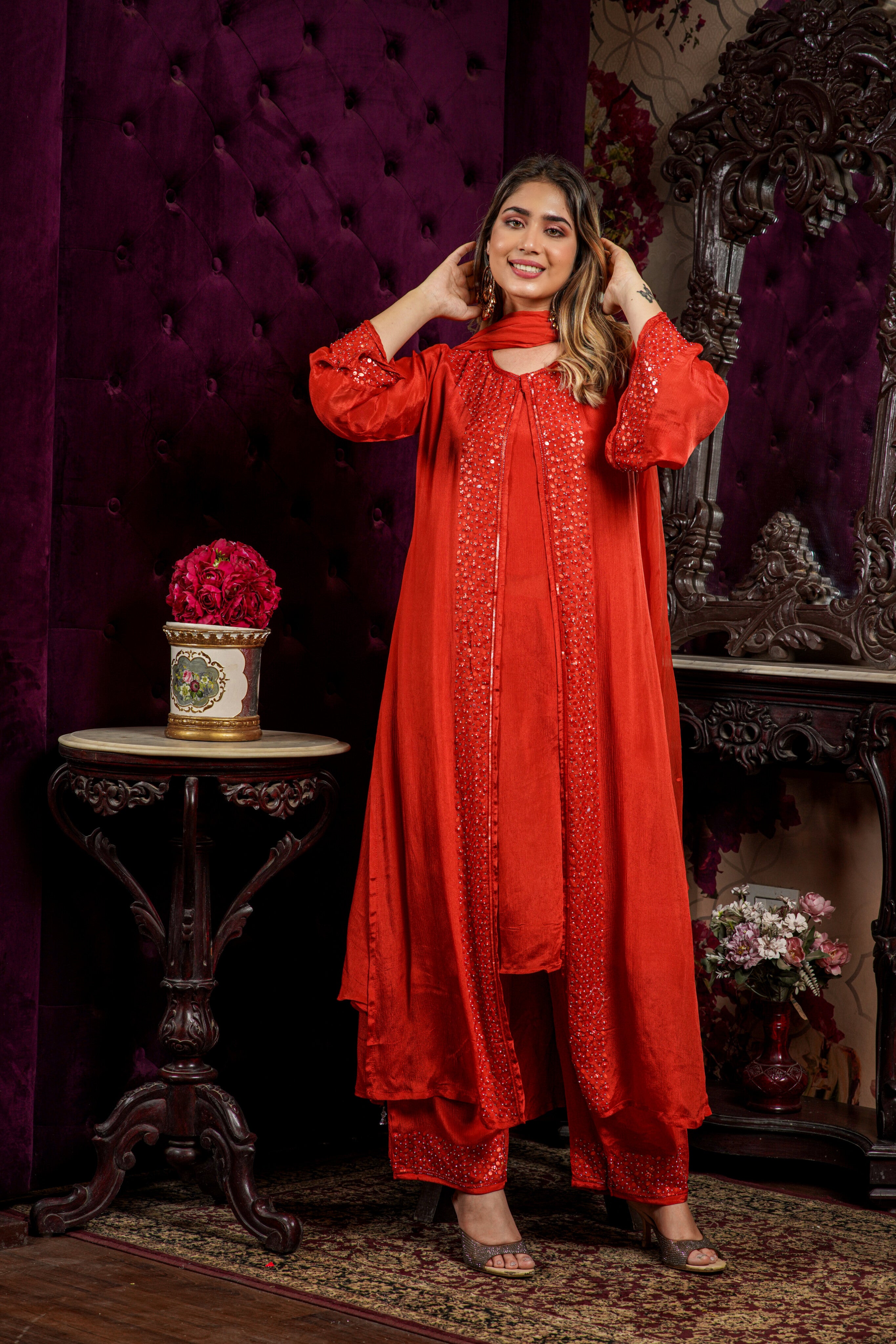 Stylish indo-western chinon embroidery Aline inner top with detachable embroidered jacket and palazzo DRY WASH-02943