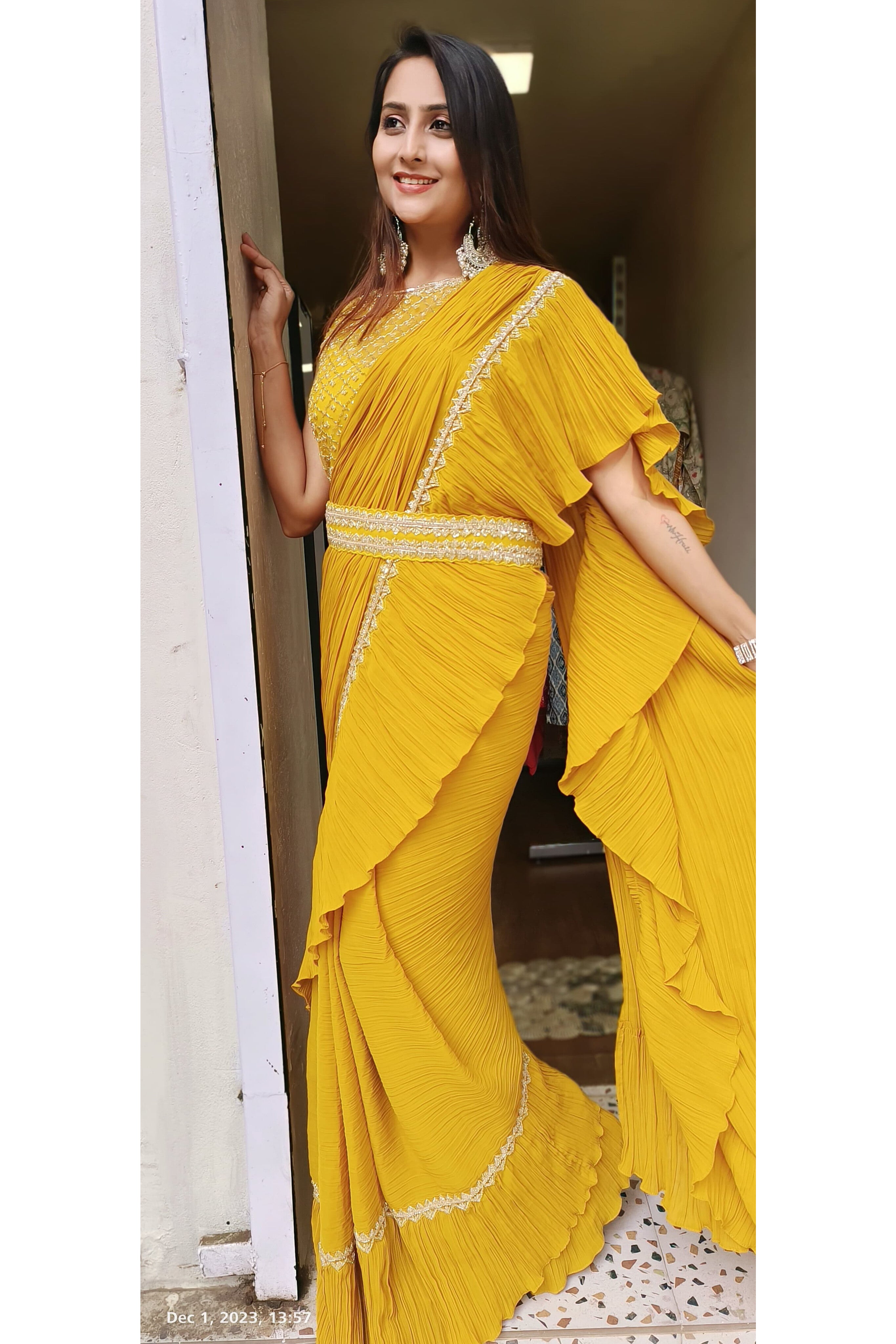 Beautiful crushed Stylish cut dana embroidery heavy netted padded sleeveless Blouse drape style ruffel saree  with belt sleeves attached inside DRY WASH -03640)Ready to wear saree