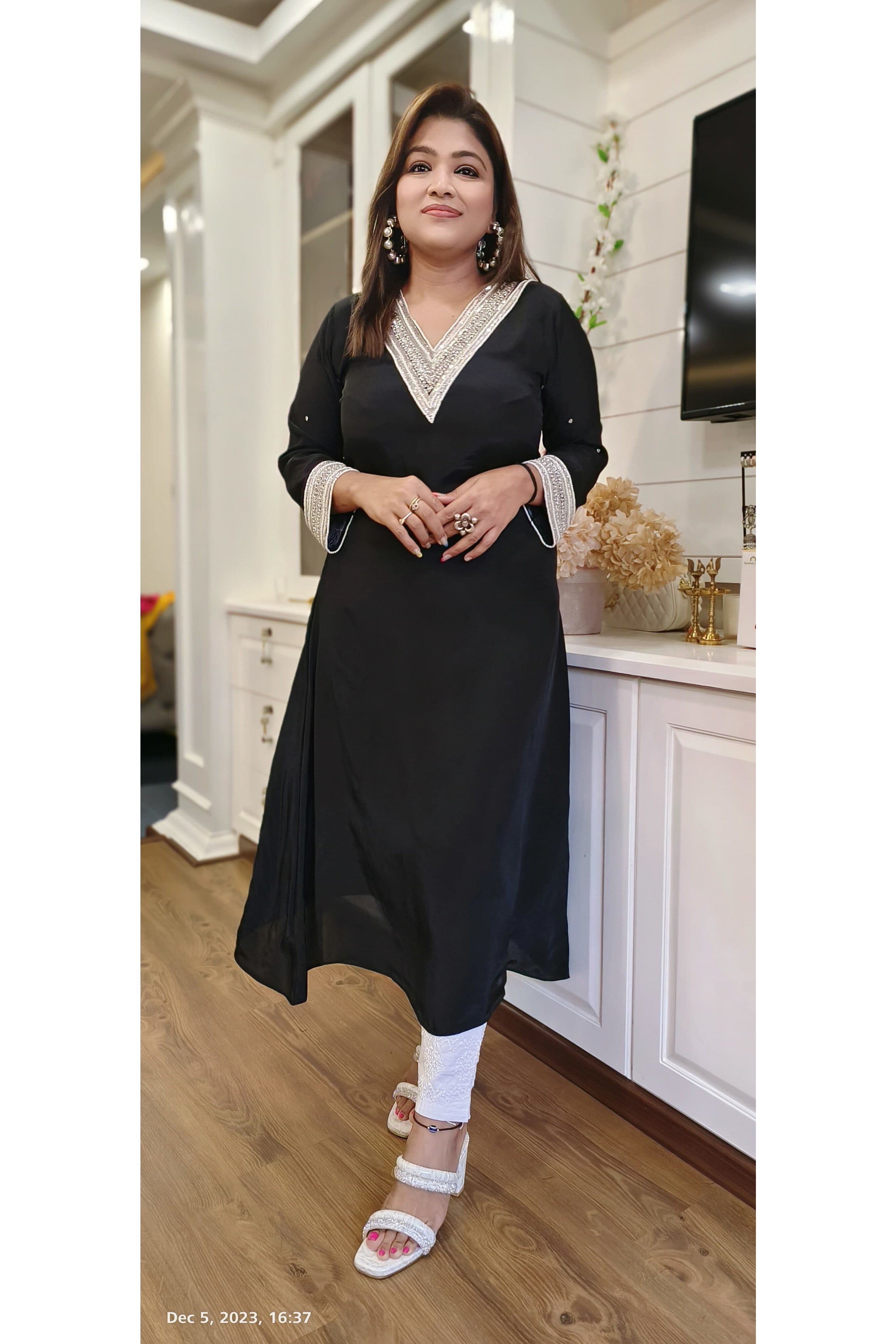 Beautiful Black cut dana pearl work crape v neck A line kurta with lining DRY WASH ONLY 03656 Dispatching After 15days