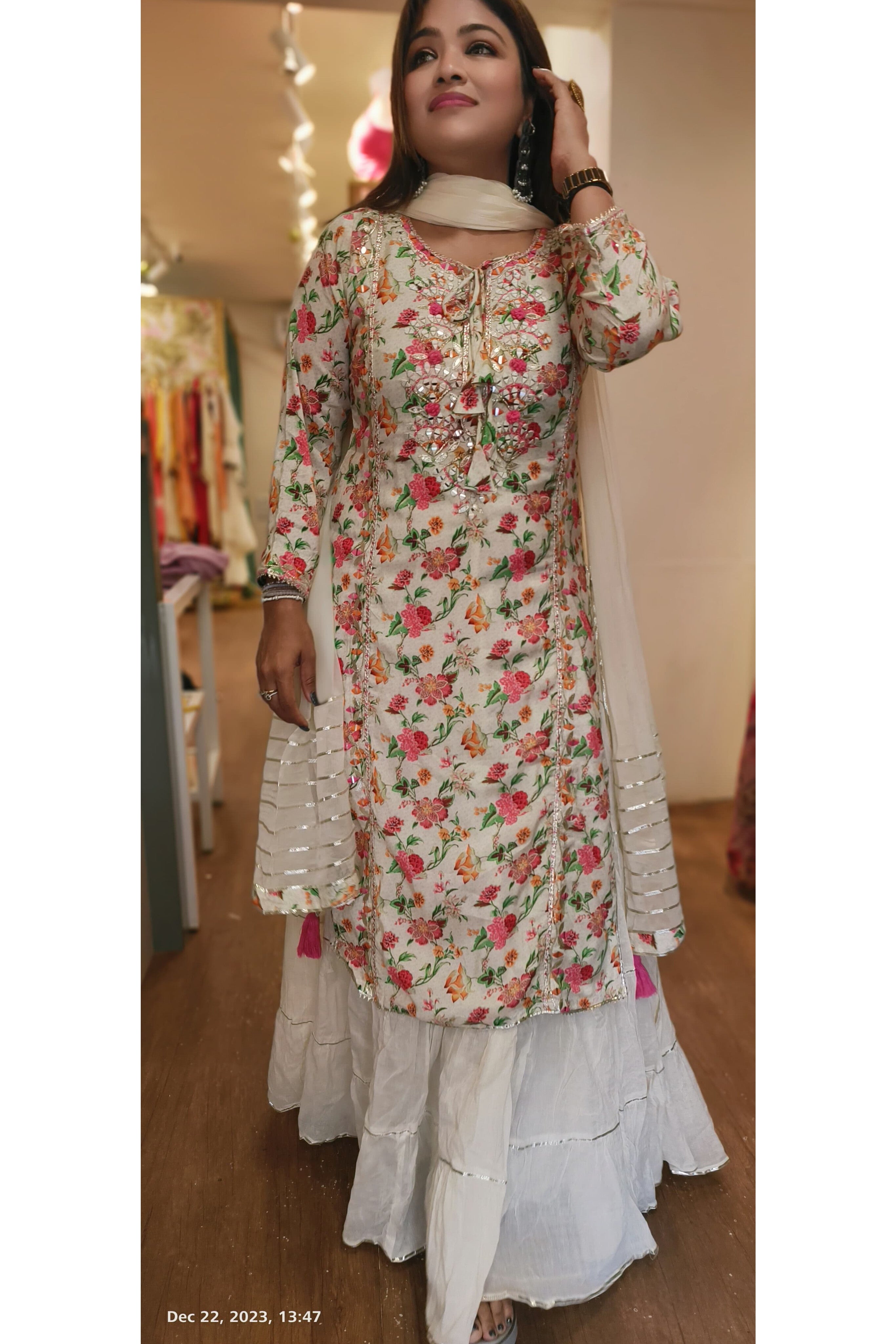 Floral Cream Real mirror with Gotta work muslin  double layer Gown with dupatta DRYWASHONLY 03802