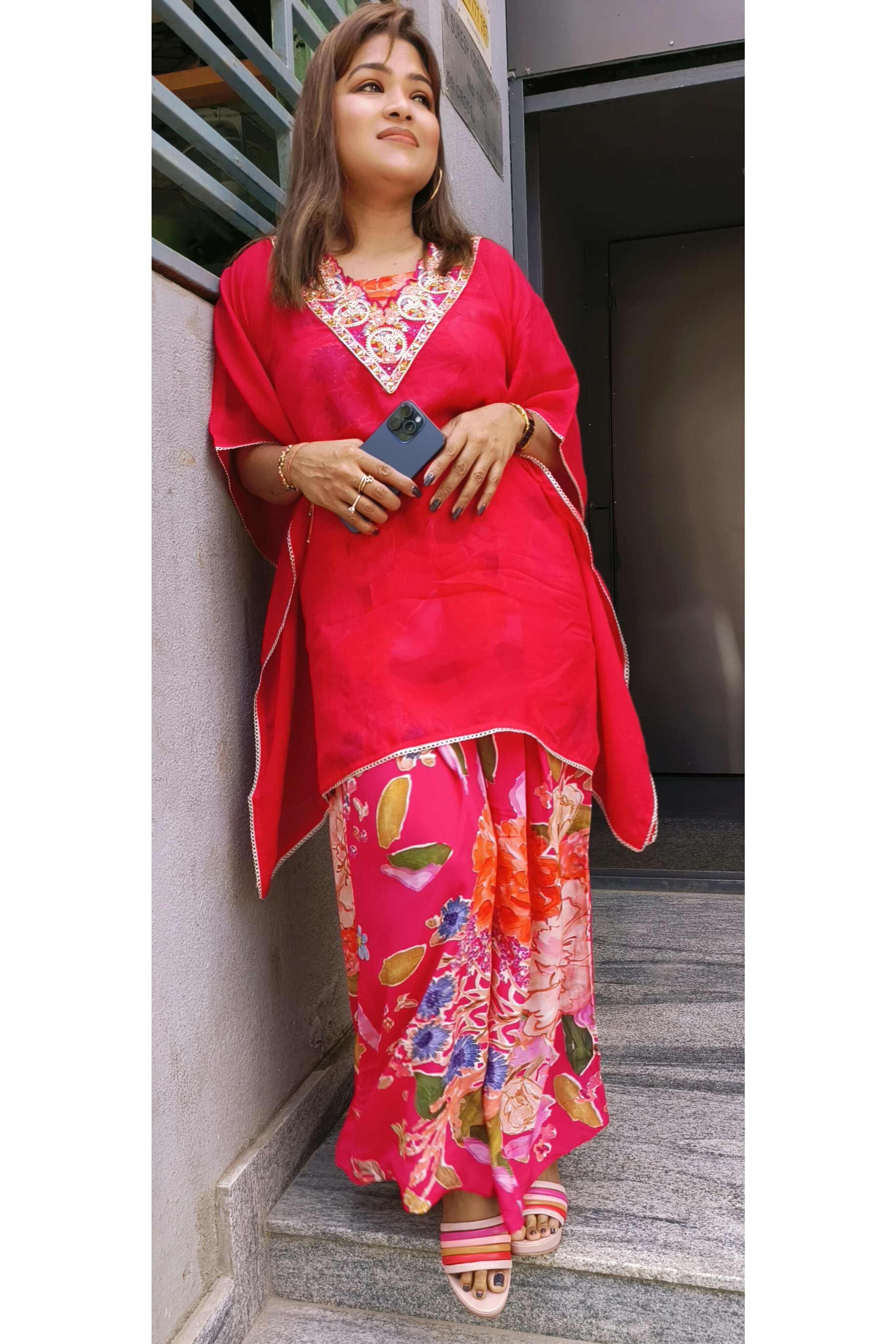 Stylish embroidered V-neck kaftan style kurta with printed pant set with printed short inner (set of 2) DRYWASH
