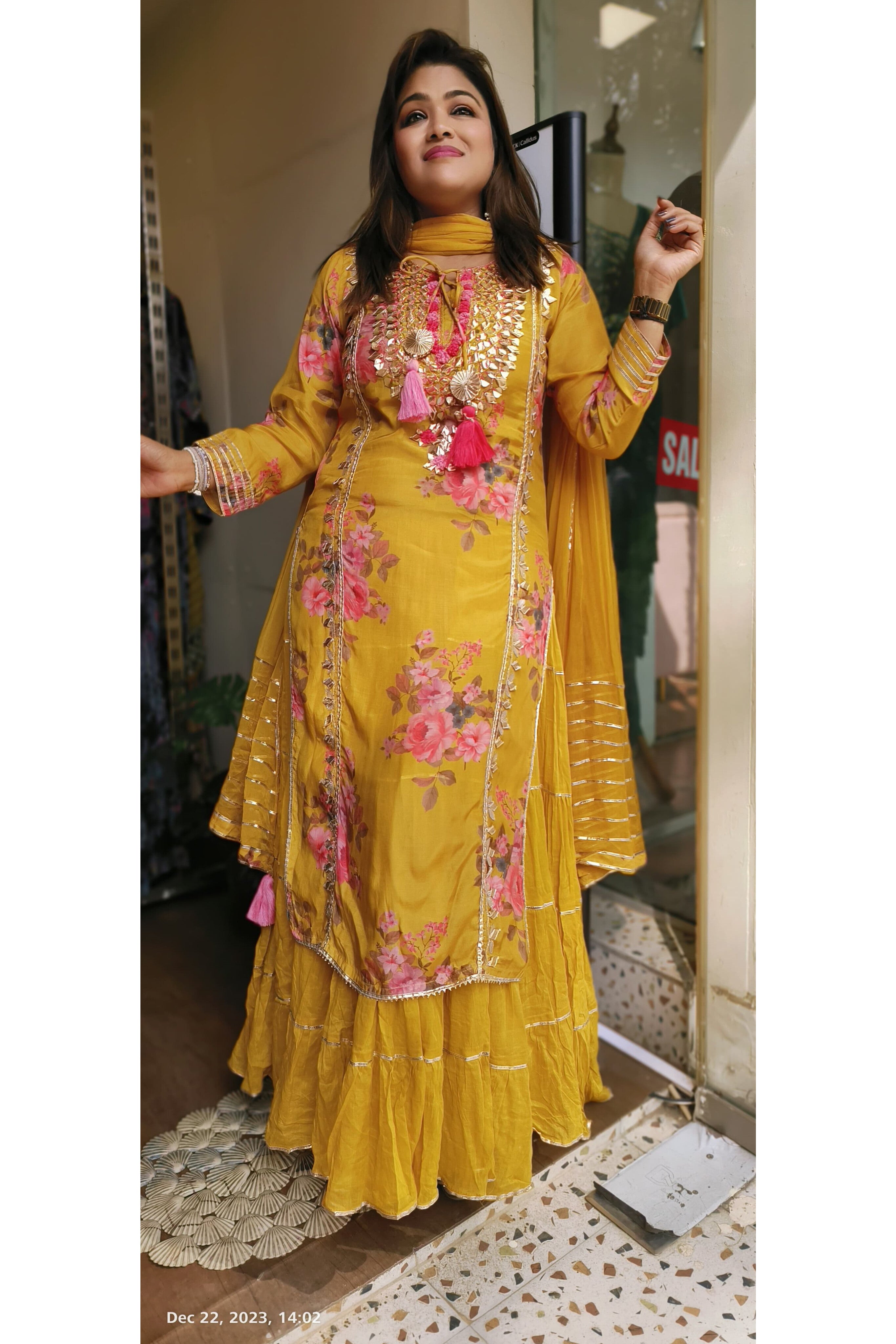 Gotta work floral muslin  double layer Gown with dupatta DRYWASHONLY 035
