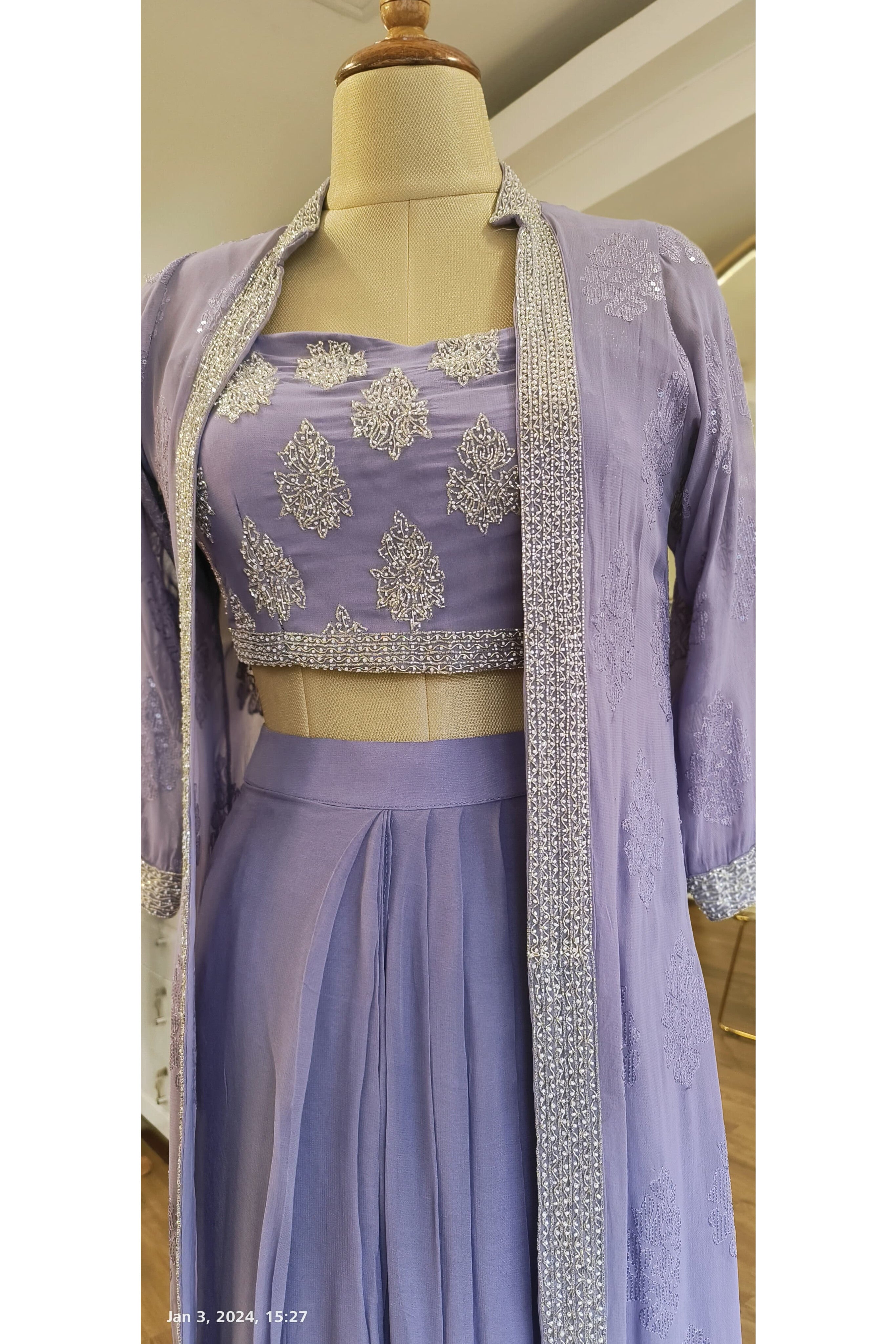 Beautiful embroidered georgette Indo-western Crop top embroidered jacket with chinon plazzo  DRY WASH ONLY 03767