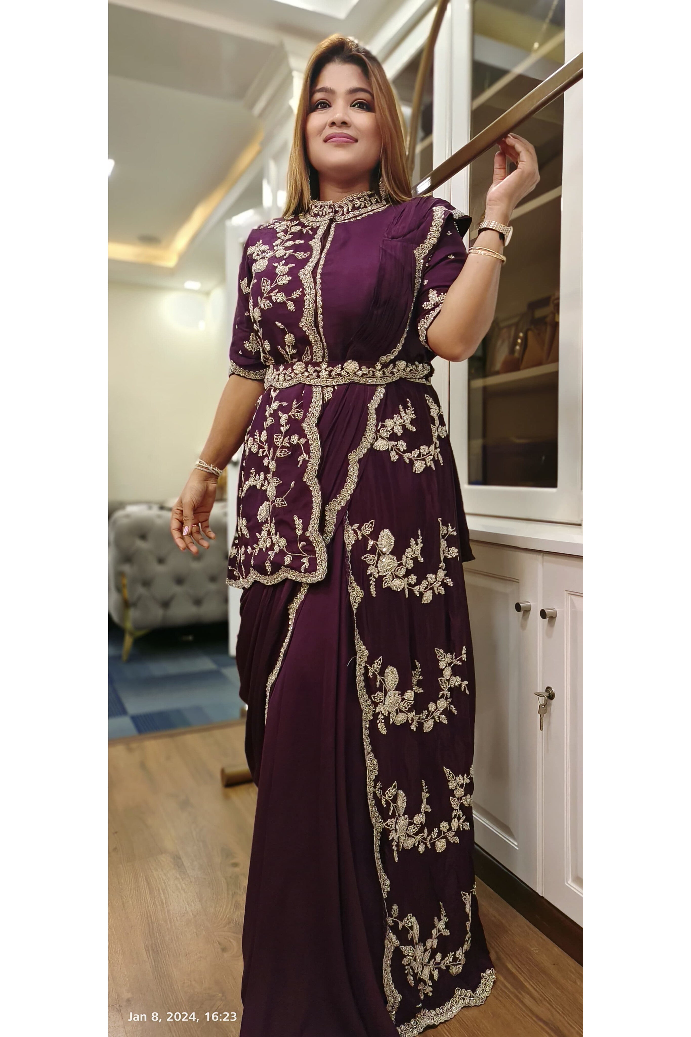 Heavy party wear stylish drape style beautiful gown with cut dana embroidery DRY WASH ONLY-03677