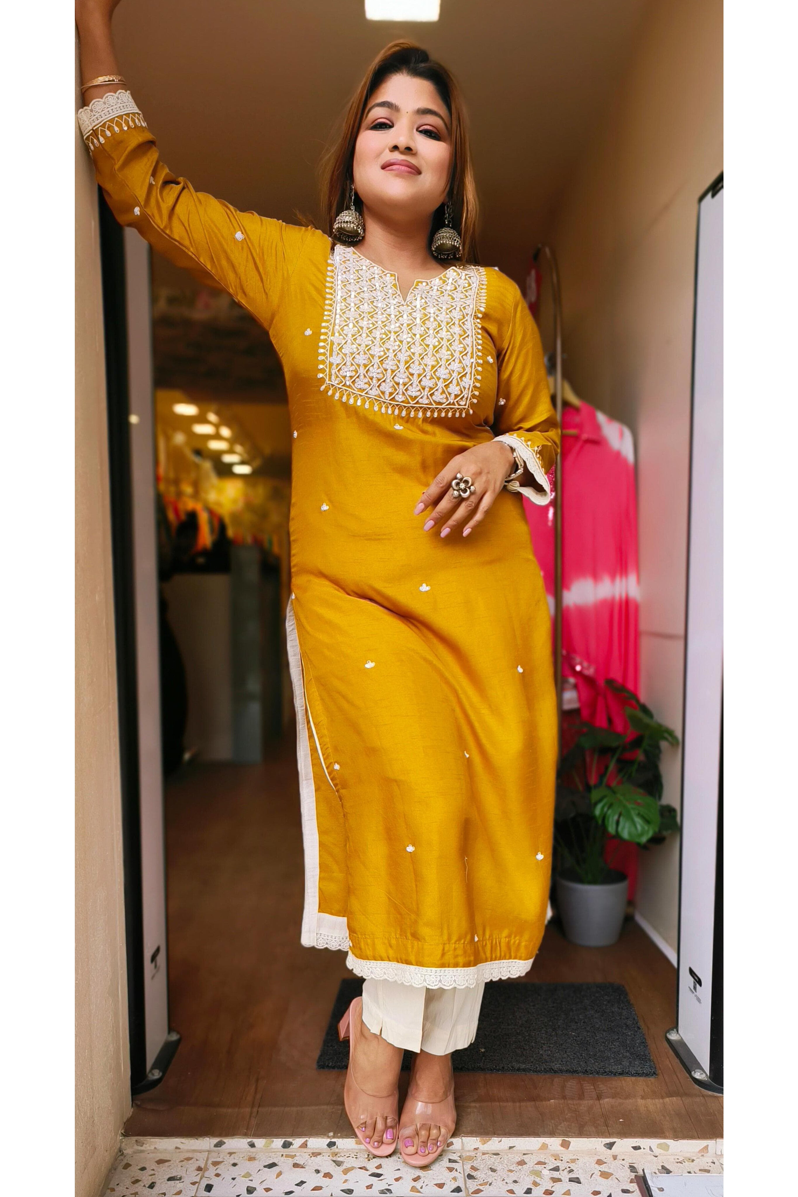 Beautiful Hand embroidery silk only kurta DRY WASH -03895} Dispatching after 20days