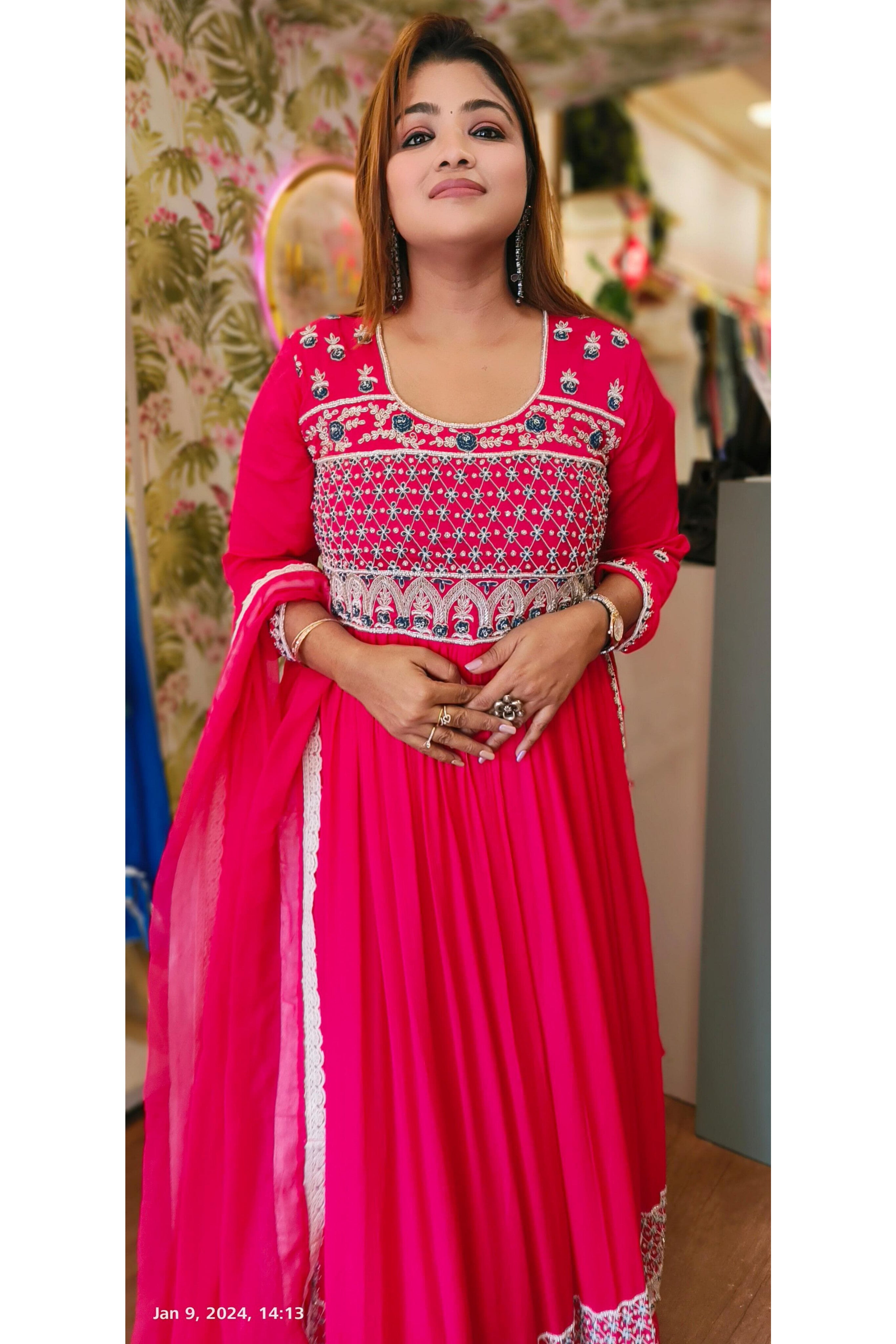 Beautiful chinon pink heavy hand embroidery nyra cut full suit with dupatta  DRYWASH Dispatching after 20days