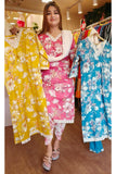 Flower print cotton lace V-neck full set and mal cotton dupatta and tulip pants  DRY WASH-03934
