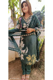 Silk Beautiful green print  V-neck embroidered full set and with organza dupatta DRY WASH-03956]