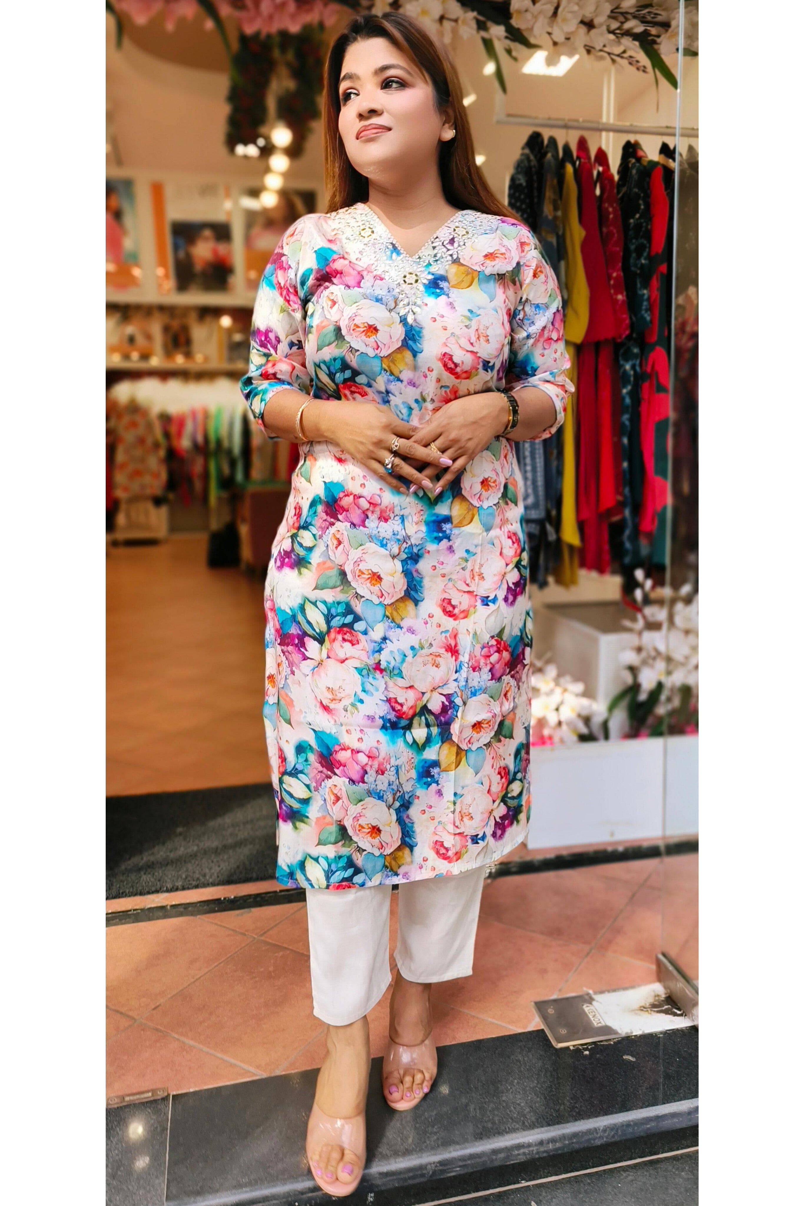 Beautiful V neck muslin white with blue pink Flower print kurta with pant  (set of 2)03982