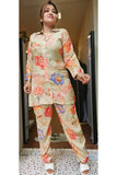 Collar embellishment Muslin floral Printed  kurta with pant (set of 2)-01307)