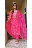 Neon pink gotta embroidery organza kurta with lining and pant and chiffon dupatta (set of 3)