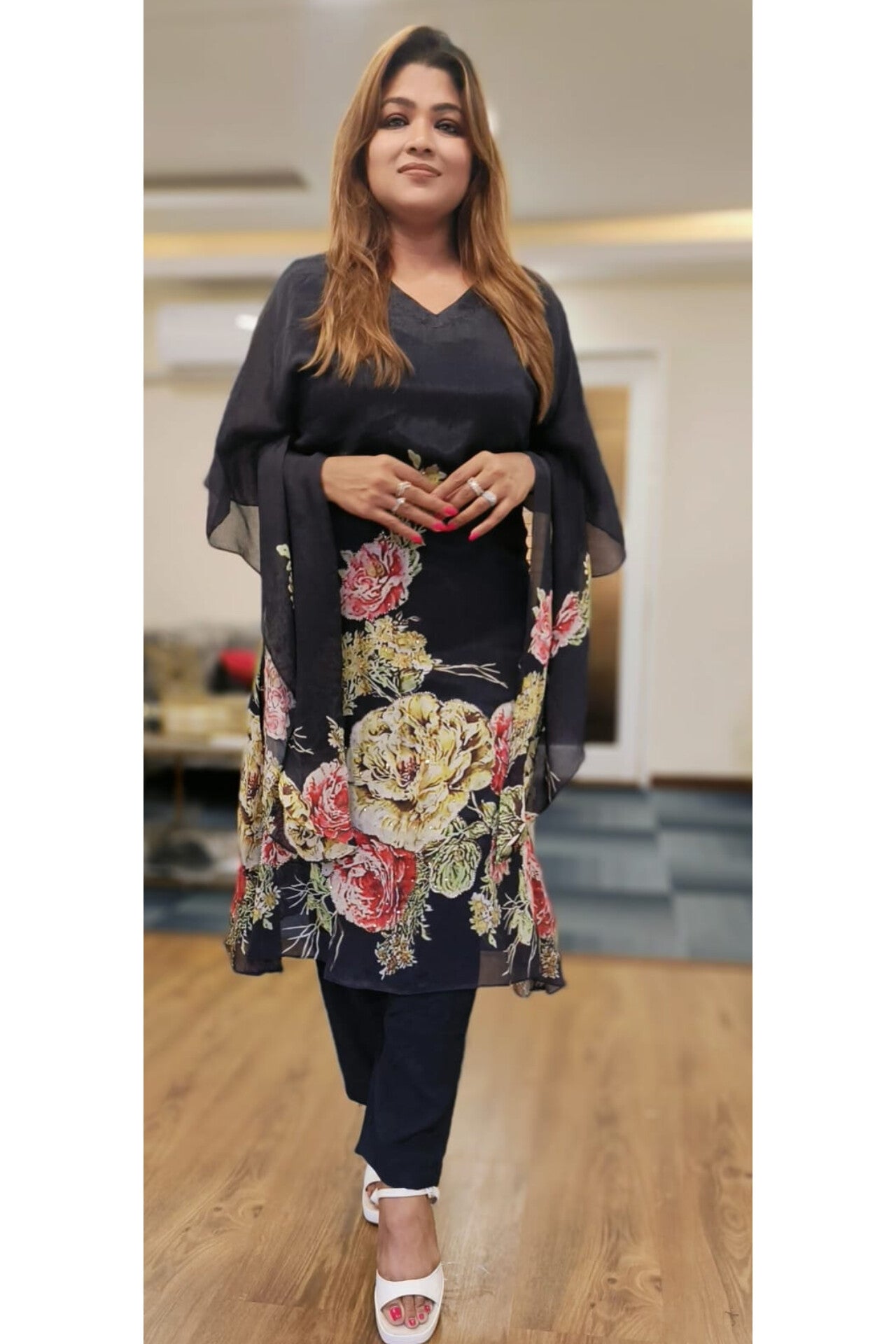 Floral Stylish chinon cutdana embroidered Stylish sleeves co-ord set with inner and  pant (set of 2) DRYWASH