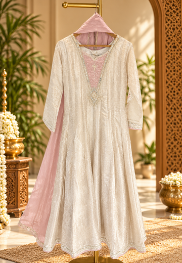 Tissue Patch Yoke Beaded Handwork Yoke Panel Anarkali Full Suit Set With Dupatta- 17030