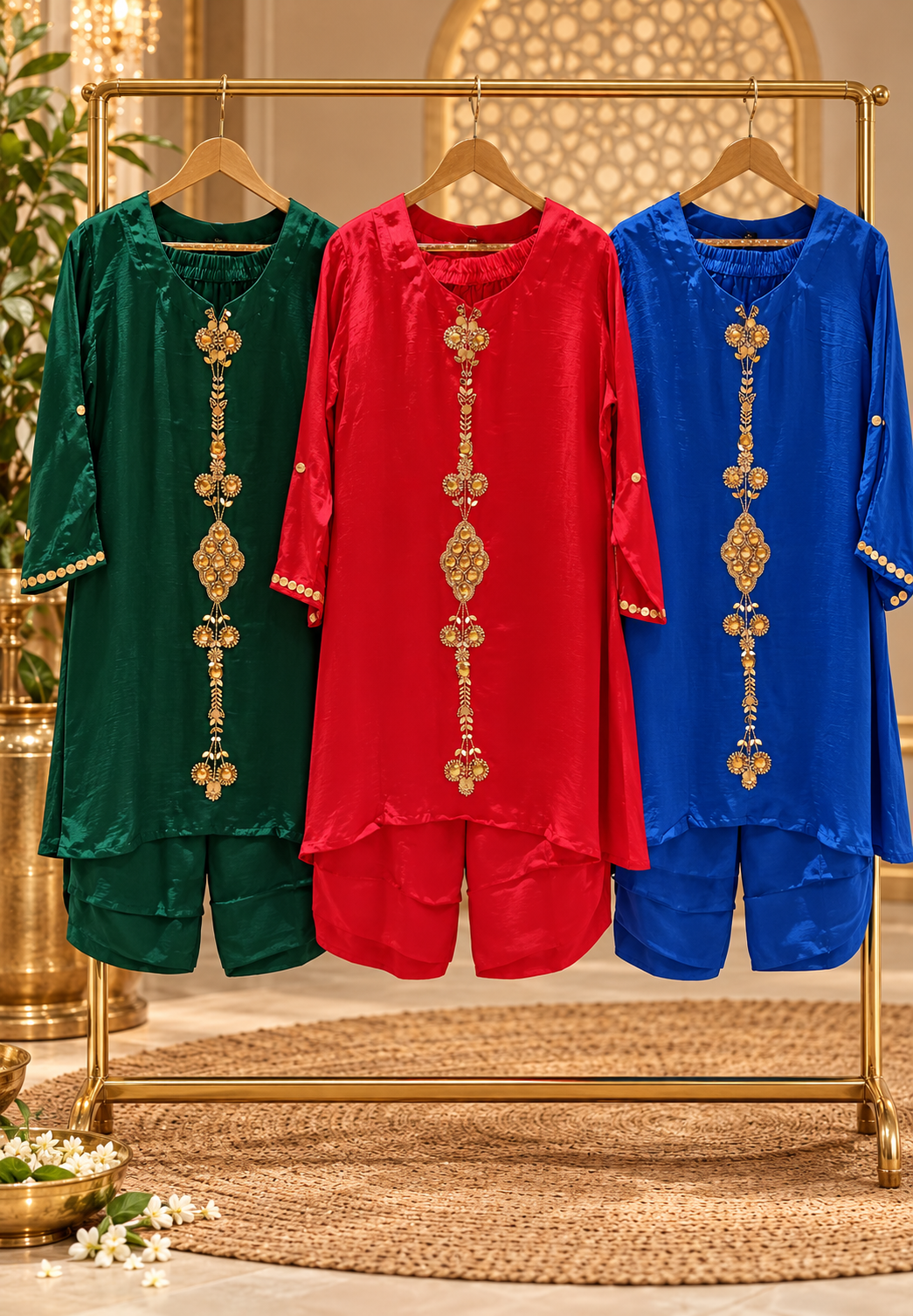 Golden Jewel Accent Pure Crepe Solid Color Embroidered Neckline and sleeves Co-Ord Set- 16838