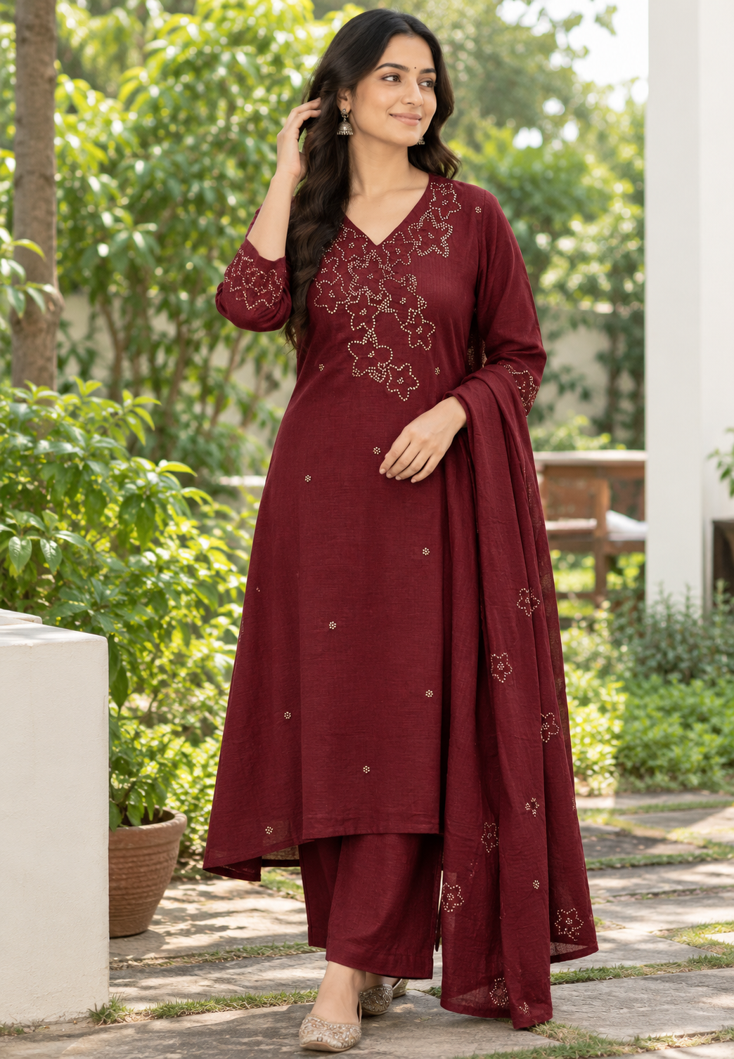 Katha Stitch Embroidered Star Accent Premium Cotton A-Line Full Suit Set With Matching Dupatta- 17014